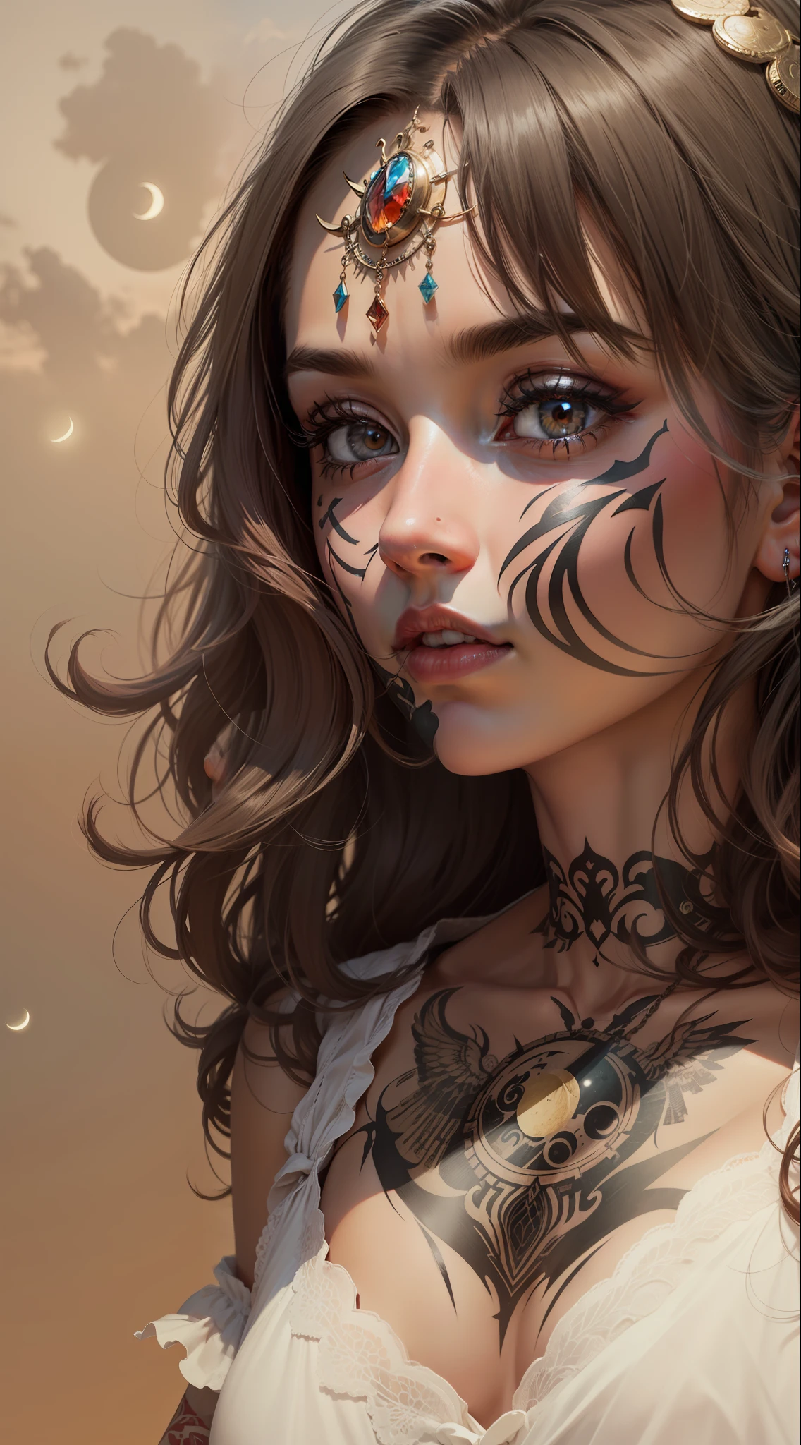 Keep the tattoo on the face and put the moon in the background only --auto