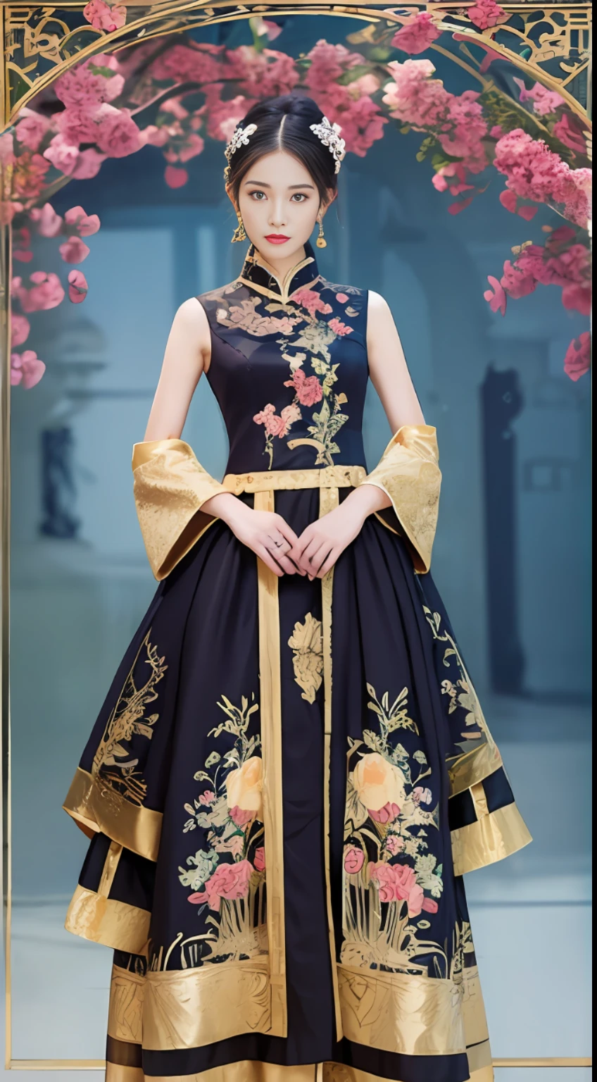 A dress with a chinoiserie style with lace elements at the neckline and cuffs of the dress Dark pattern is a traditional moire pattern, details such as pleats, embroidery, beads, silk, crepe, knee-length or length, and a bow or flower decoration at the waist or neckline