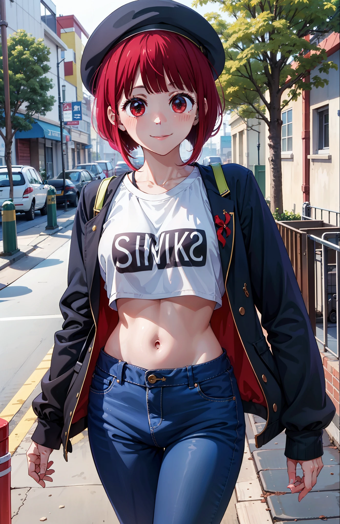 1girl, Arima Kana, hat, blue headwear, beret, blunt bangs, jacket, short jeans pants, short pants, crop top, show stomach, city road, standing, (masterpiece:1.2), highres, best quality, 8k, sexy pose, blush, shy, smile,