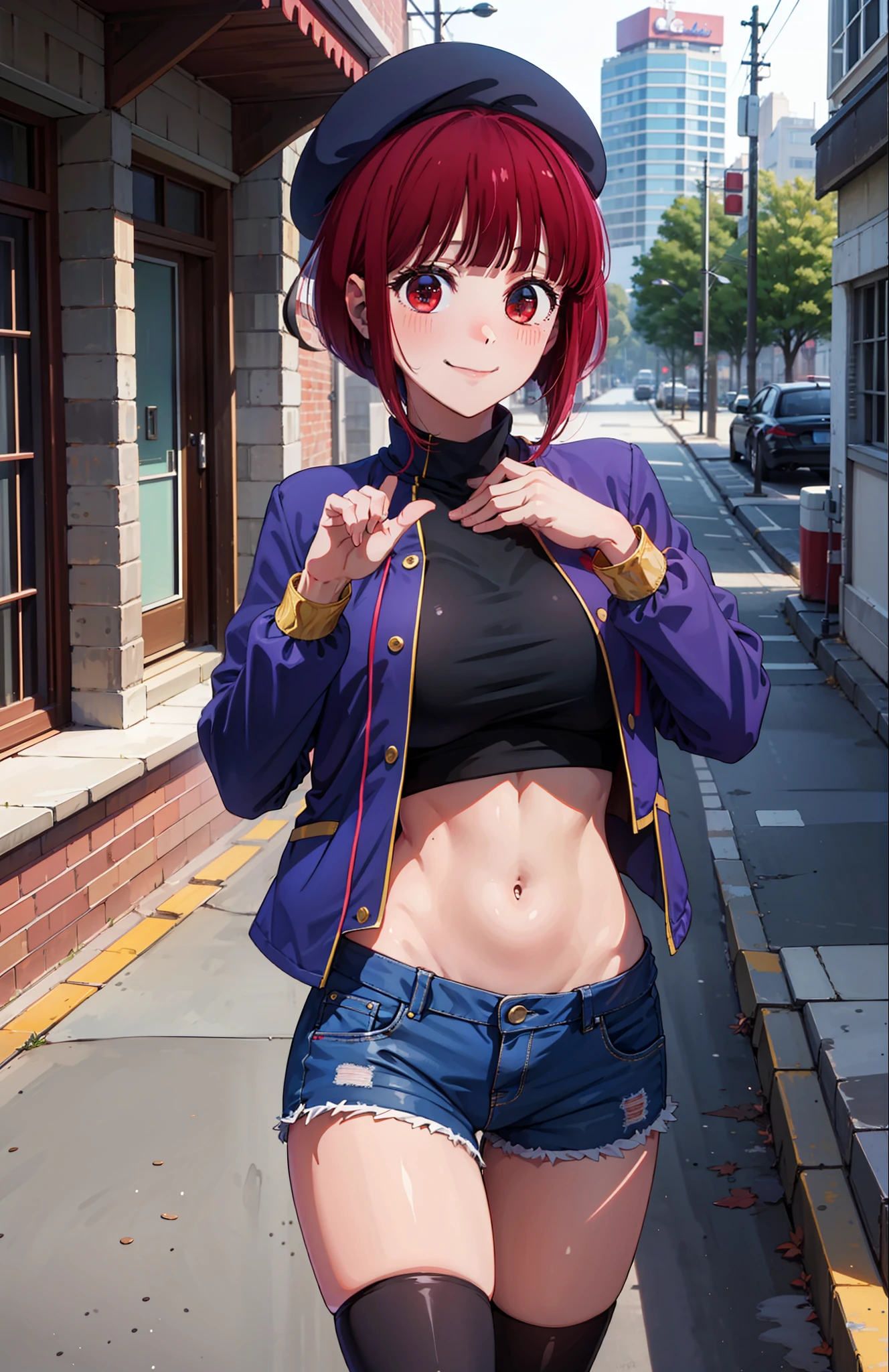 1girl, Arima Kana, hat, blue headwear, beret, blunt bangs, jacket, short jeans pants, short pants, crop top, show stomach, city road, standing, (masterpiece:1.2), highres, best quality, 8k, sexy pose, blush, shy, smile,