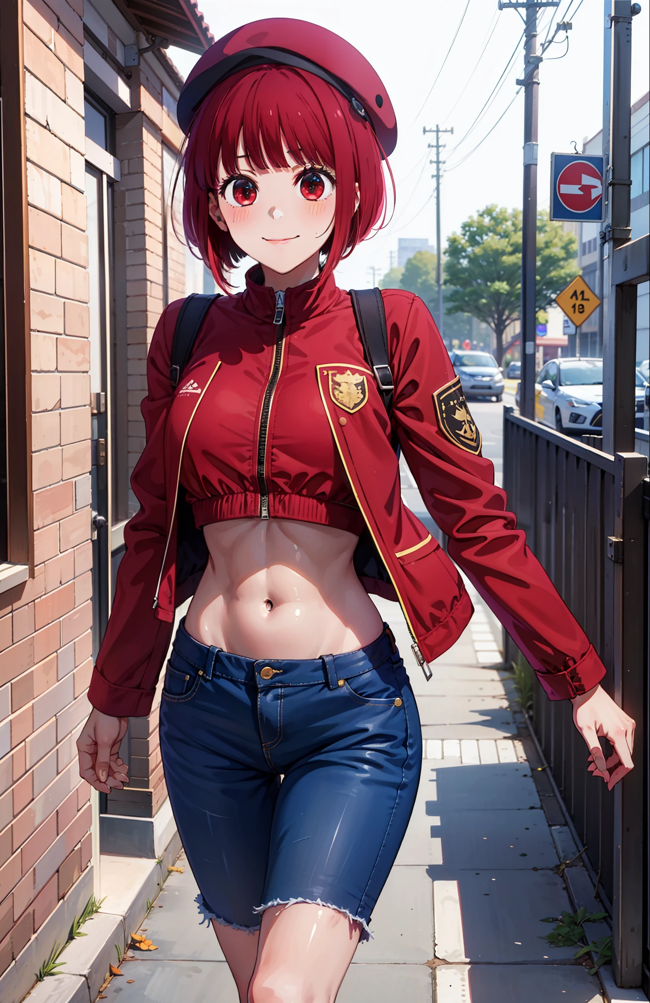 1girl, Arima Kana, hat, blue headwear, beret, blunt bangs, jacket, short jeans pants, short pants, crop top, show stomach, city road, standing, (masterpiece:1.2), highres, best quality, 8k, sexy pose, blush, shy, smile,