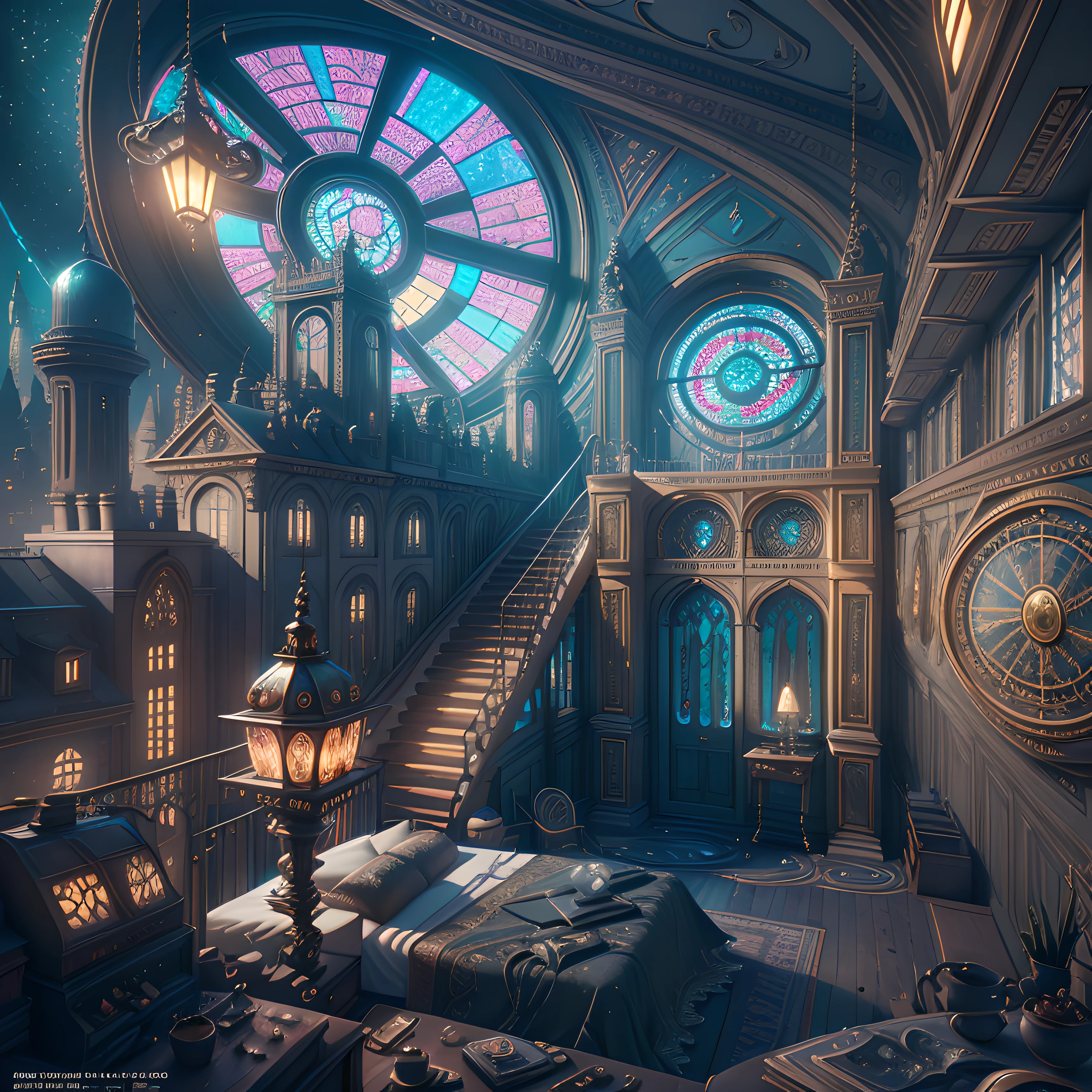 (((Generate an ornate bedroom in the style of Versailles with a big historical window.))) A hyperrealistic cyberpunk dreamscape cityscape is in the window. The cityscape is extremely detailed with many lights and LED neon colors and buildings of many different sizes. The cityscape has all colors of the rainbow and has hires interesting flying steampunk dirigibles. A giant steampunk standalone clock is seen ((through the window)). It is peaceful in the bedroom. The entire artwork is very realistic with many small details and enhancements. 3D render beeple, artstation and beeple highly, in fantasy sci-fi city, inspired by beeple, 8k, unreal engine unity CGI. Masterpiece and popular. Add many fantastical and beautiful details and nuances.