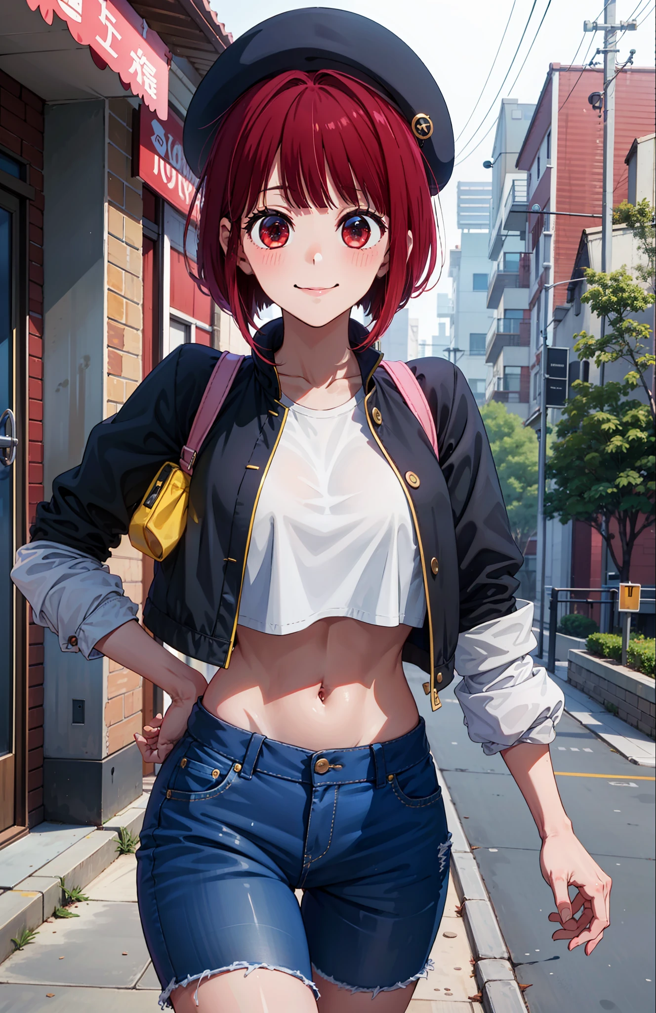 1girl, Arima Kana, hat, blue headwear, beret, blunt bangs, jacket, short jeans pants, short pants, crop top, show stomach, city road, standing, (masterpiece:1.2), highres, best quality, 8k, sexy pose, blush, shy, smile,