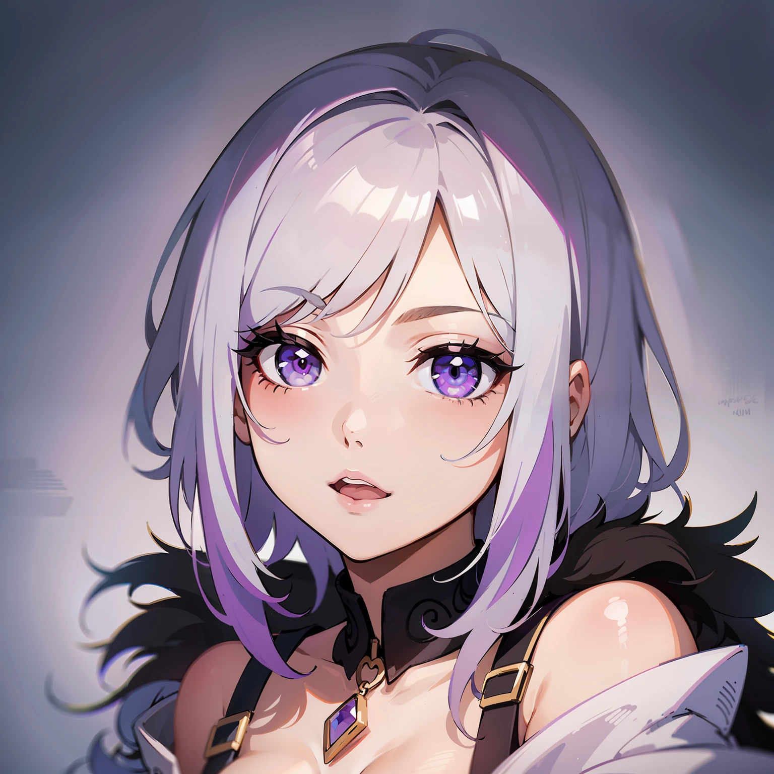 Girl with white hair with purple highlights, purple eyes, cute portrait.