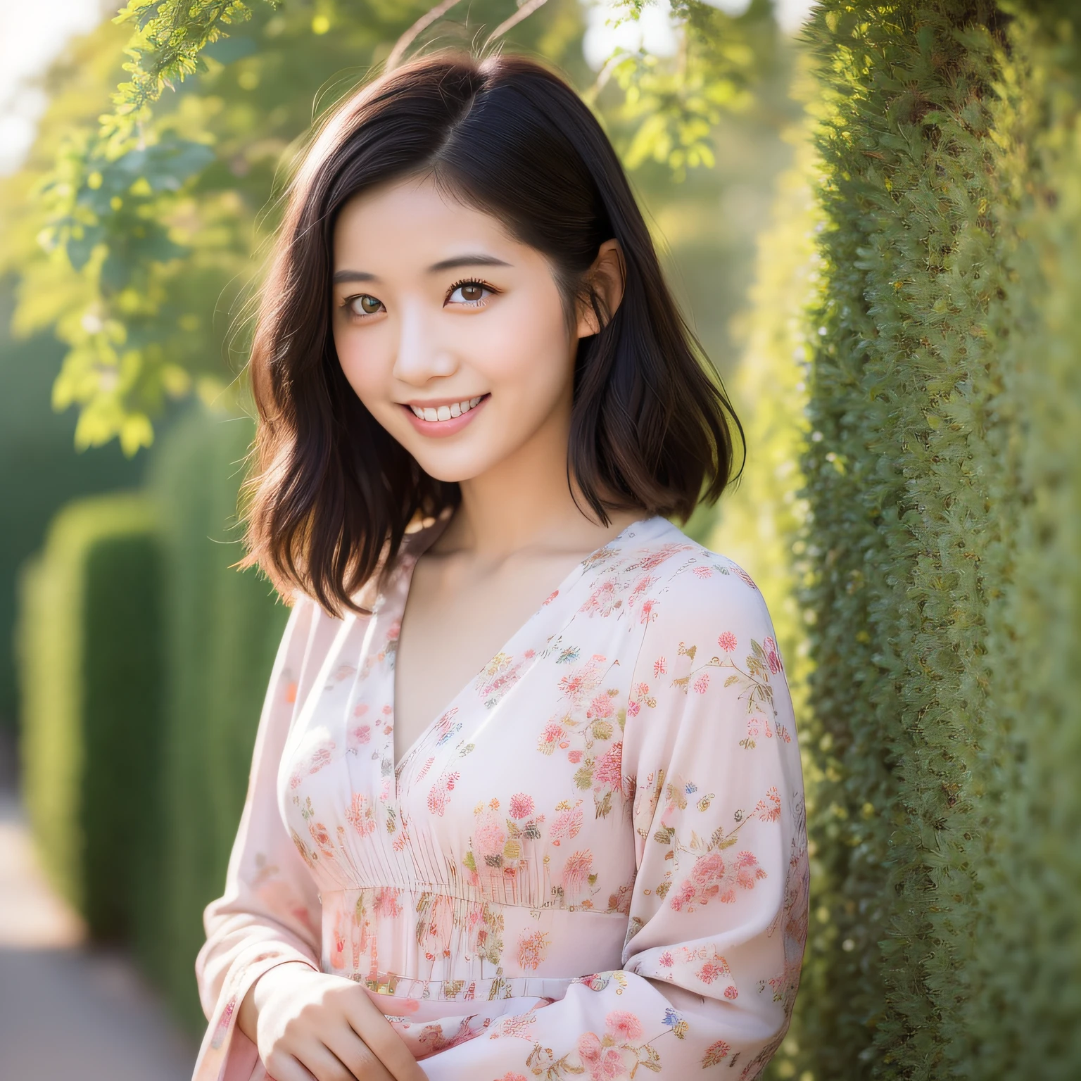Beautiful young Japan woman, pale pink dress, smile, vivacious, classic, Japan print, close-up shot, polaroid, octane rendering, 100mm, rpg maker, bohemian color, gurokawa, golden hour sunshine, hyperreal, dramatic shadow, film noir style