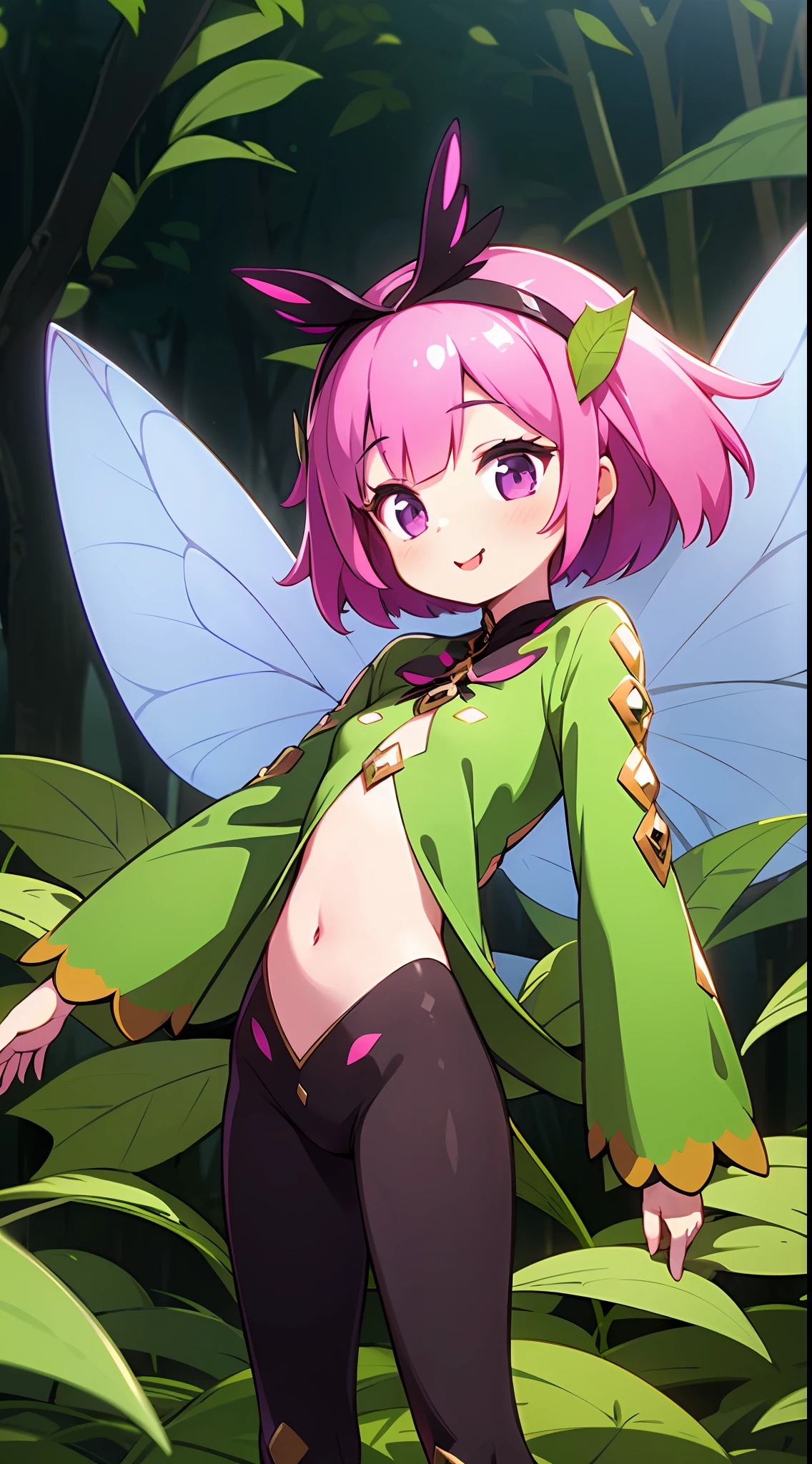 1 girl, pink hair, by IKZW, fairy, small, small size, fairy wings, forest, torso up, :P, clothes made out of leaves
