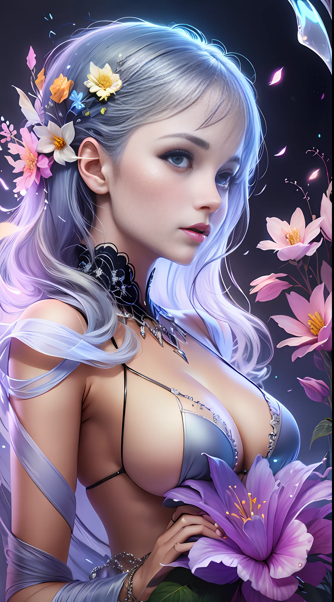 1 beautiful woman, bridesmaid, pure face, ((((((??????? dress)))))), detailed dress, super transparent, holy light, beautiful spectral light, petals glow, flashing, dark background, transparent light drops, reflective light, bright, light flowing in, optics, portrait profile, sharp focus, magical, intricate, ultra realistic, fantasy, composition, light, trend in artstation, pearl, silver vapor patronus cloud,  family of corrosive enveloping rays, 8k, ureal air 23v4 uplight