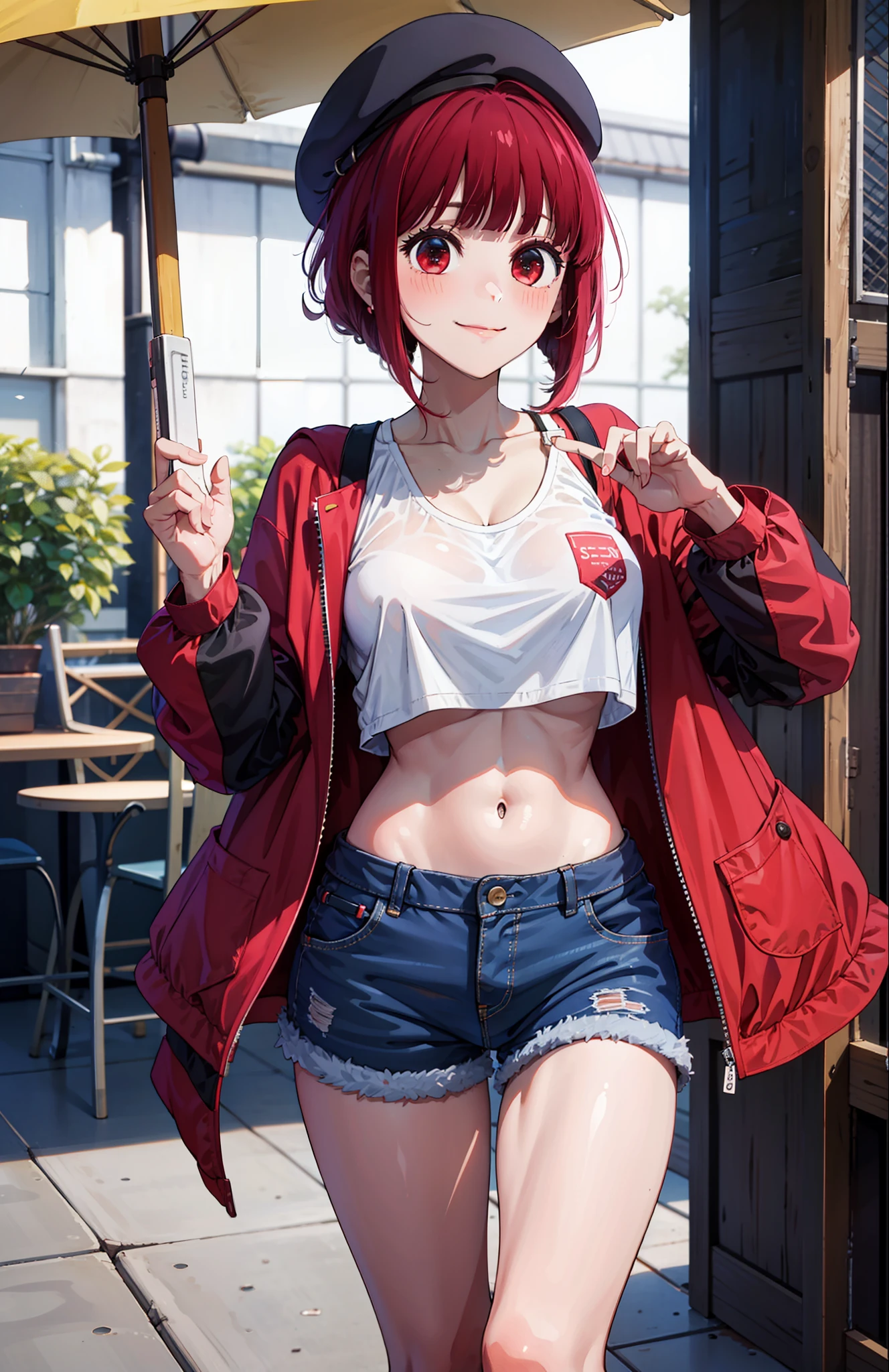 1girl, Arima Kana, hat, blue headwear, beret, blunt bangs, jacket, short jeans pants, short pants, crop top, show stomach, city road, standing, (masterpiece:1.2), highres, best quality, 8k, sexy pose, blush, shy, smile, v neck shirt, show middle boobs, breat out, stocking, very short pants,