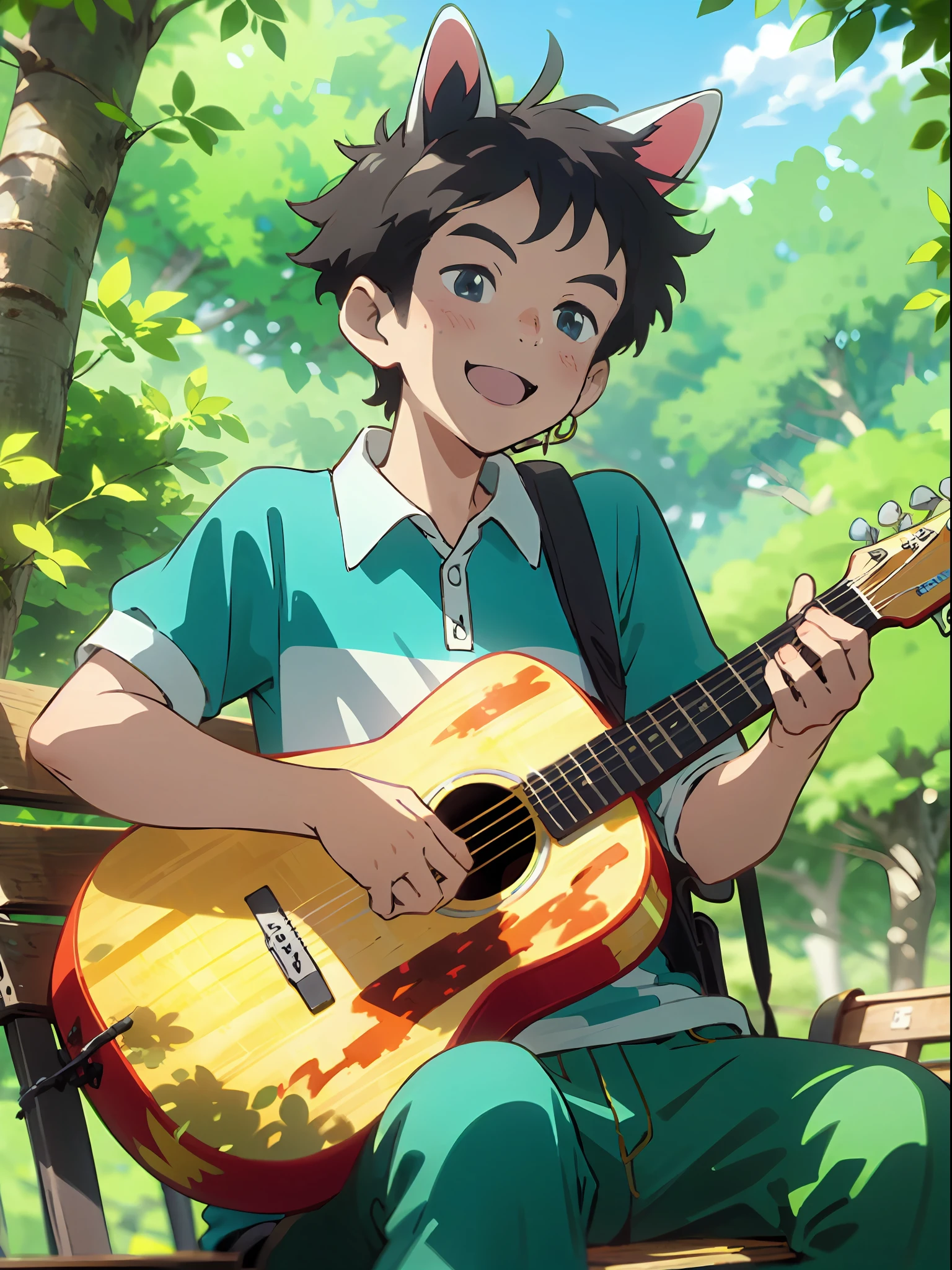 a boy are sitting on a park bench. 1boy is playing the guitar. smile, happy, in trees, forests and sunshine. sunshine, the mottled shadows, the blue sky and white clouds.Watercolor style, bright colors, sunny.green high saturation dappled sunlight, (Colorful) animal ears,, masterpiece, best quality,