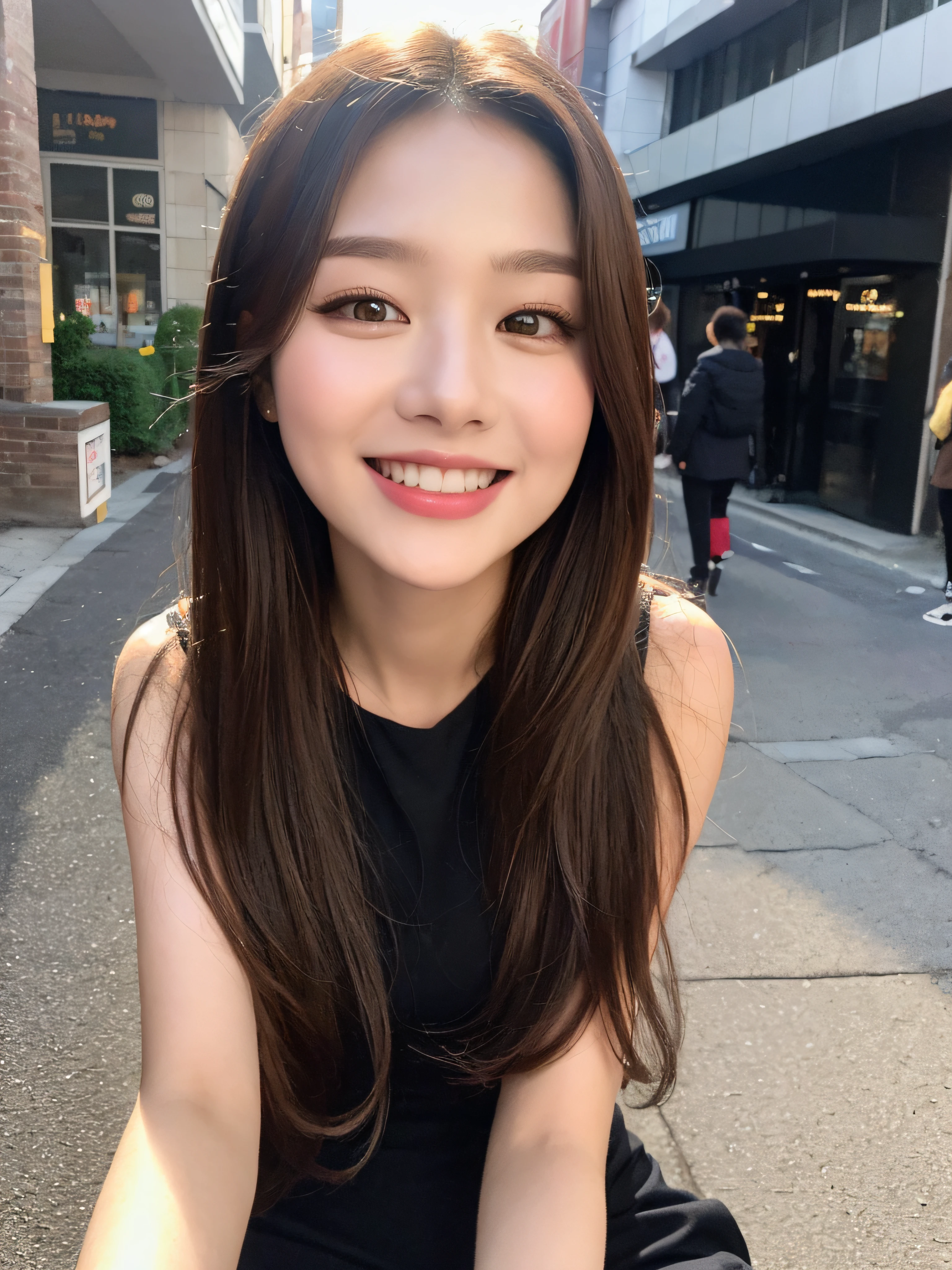 ((Best quality, 8k, Masterpiece :1.3)), 1girl, smiling, full body, slim face, Pretty woman, (Dark brown hair), full length dress :1.1, Ultra-detailed face, Detailed eyes, Double eyelid, blur background, slim face, city, outside, street,