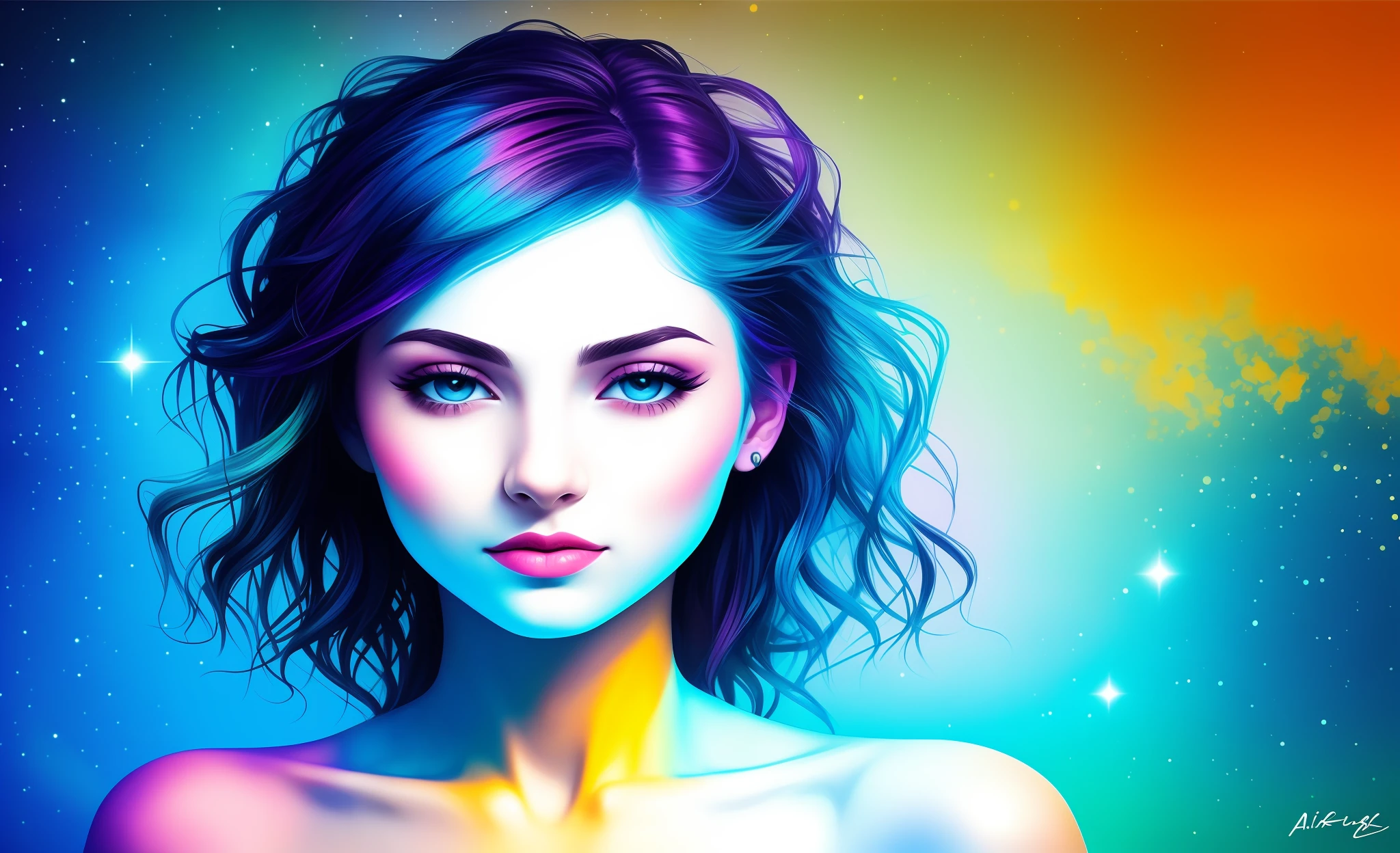 Arafed image of a woman with a rainbow colored hair, beautiful UHD 4K art, gorgeous digital art, vibrant digital painting, beautiful digital art, colorful digital painting, colorful digital fantasy art, stunning digital art, beautiful beautiful digital art, colorful digital art, digital art image, bright digital painting, airbrush digital art, very beautiful digital art, Hyper realistic, masterpiece.