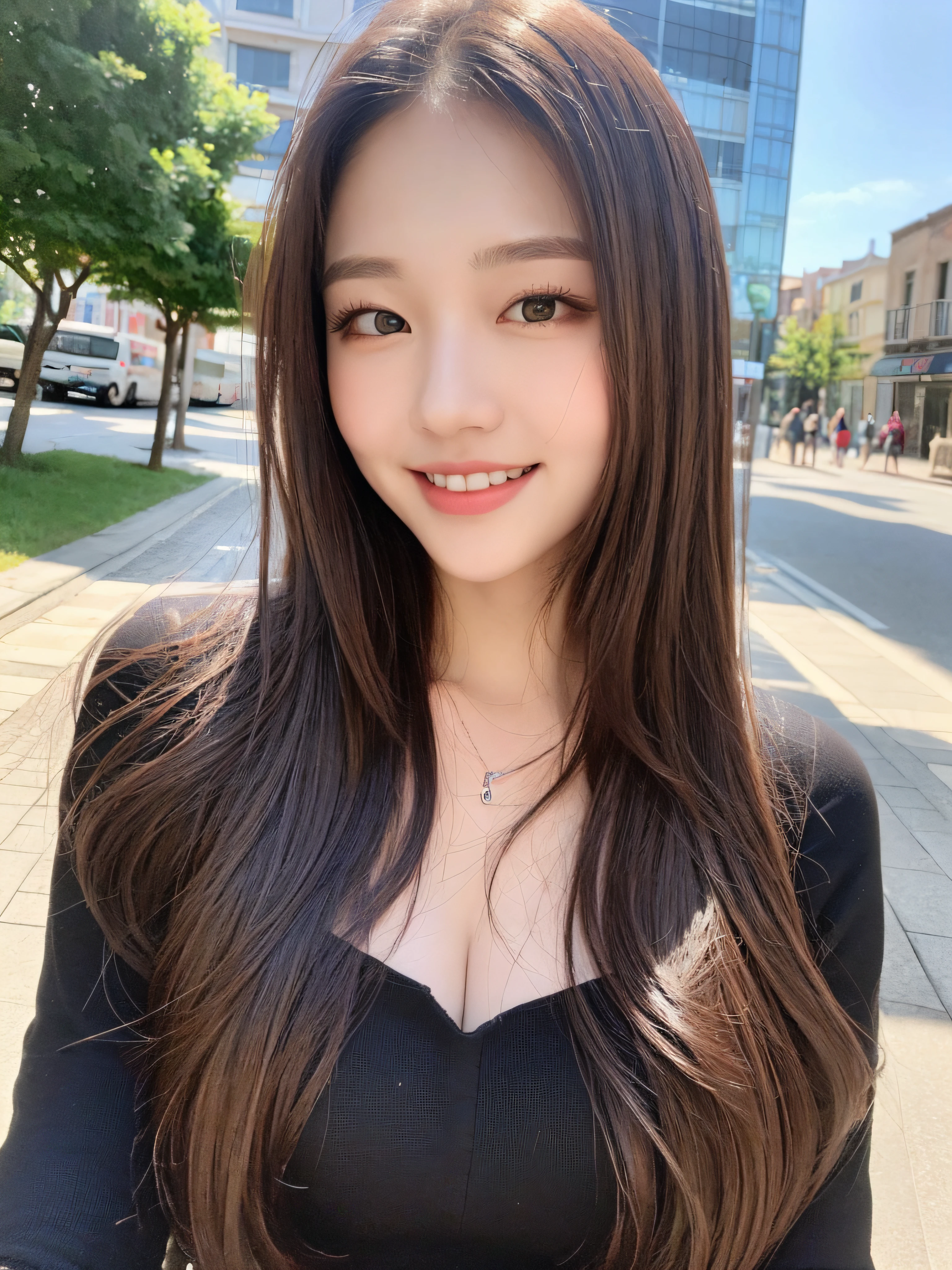 ((Best quality, 8k, Masterpiece :1.3)), 1girl, smiling, full body, slim face, Pretty woman, (Dark brown hair), full length dress :1.1, Ultra-detailed face, Detailed eyes, Double eyelid, blur background, slim face, city, outside, street,