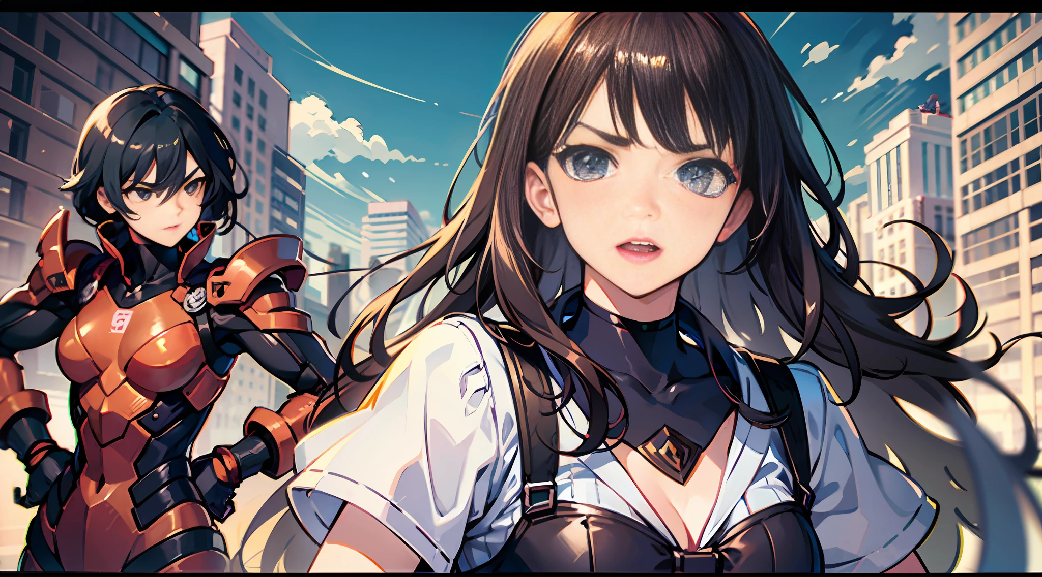 The girl stood in front of the boy to block the attack, her expression serious