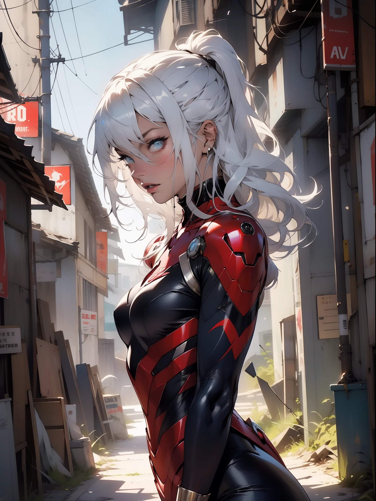 Margot Robbie (Masterpiece, 4k resolution, ultra-realistic, very detailed), (White superhero theme, charismatic, there's a girl on top of town, wearing Venom costume, she's a superhero), [ ((35 years), (long white hair:1.2), full body, (blue eyes:1.2), ((Venom pose),show of strength, jumping from one building to another), ((sandy urban environment):0.8)| (cityscape, at night, dynamic lights), (full moon))] # Explanation: The Prompt mainly describes a 4K painting of ultra-high definition, very realistic, very detailed. It shows a superheroine at the top of the city, wearing a Venom costume. The theme in the painting is a white superhero theme, the female protagonist has long white hair, is 35 years old and her whole body is shown in the paintingRAW, masterpiece, ultra thin photo, best quality, ultra high resolution, photorealistic, sunlight, full body portrait, incredibly beautiful, dynamic poses, delicate face, vibrant eyes, (side view), she is using a futuristic mechanism of Iron Man,  Red and gold color scheme, highly detailed abandoned warehouse background, detailed face, detailed and complex busy background, messy, gorgeous, milky white, highly detailed skin, realistic skin details, visible pores, sharp focus, volumetric mist, 8k uhd, DSLR camera, high quality, film grain, light skin, photorealism, lomography, expanding metropolis in futuristic dystopia, view from below,  translucent