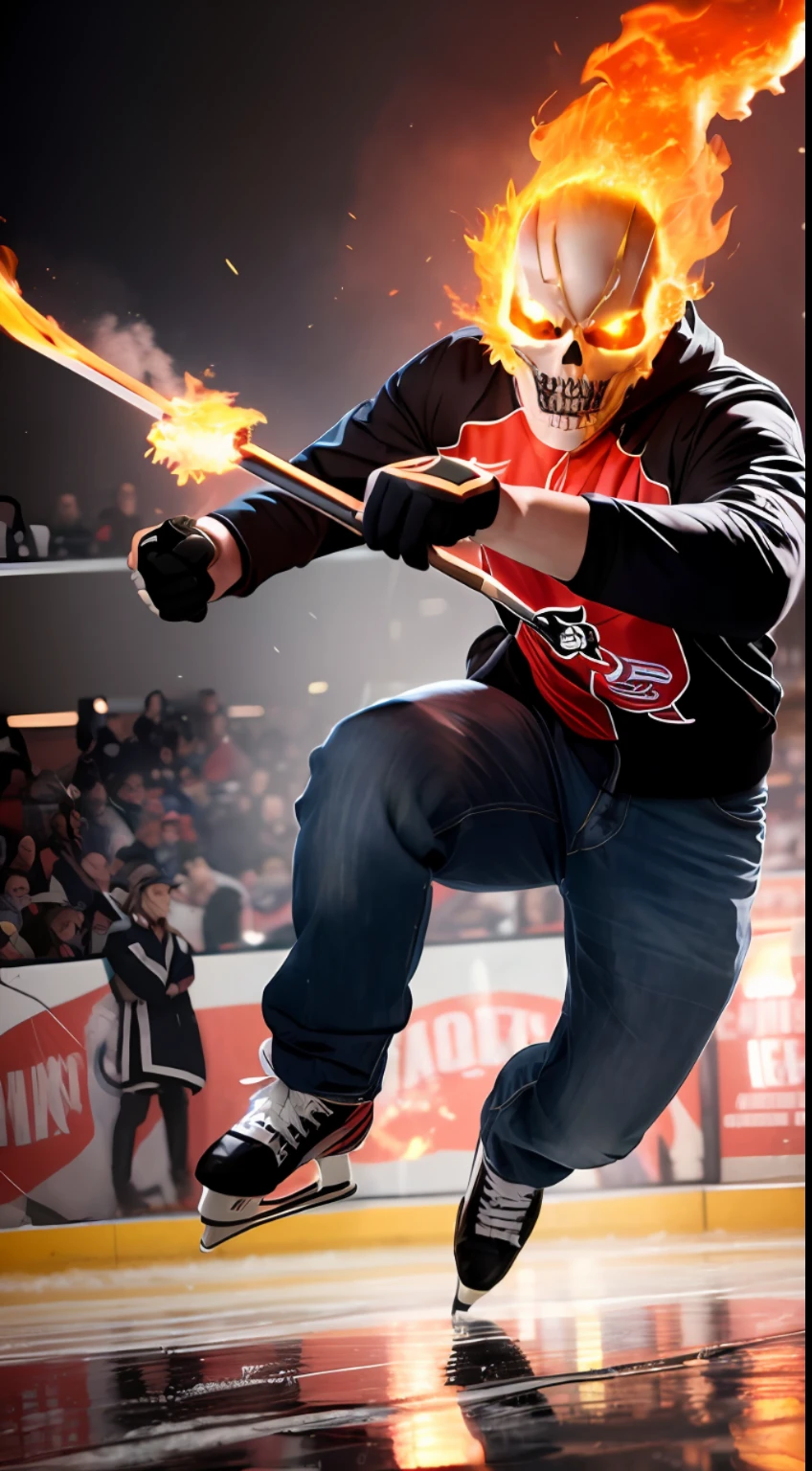 "Best Category - Ghost Rider merchandise: Ghost Rider in full costume is on fire playing a ice hockey game, detailed vivid ice rink background."
