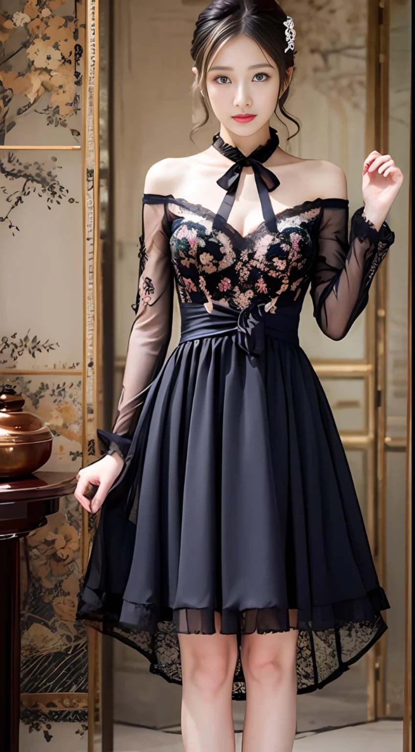 A dress with a chinoiserie style with lace elements at the neckline and cuffs of the dress Dark pattern is a traditional moire pattern, details such as pleats, embroidery, beads, silk, crepe, knee-length or length, and a bow or flower decoration at the waist or neckline