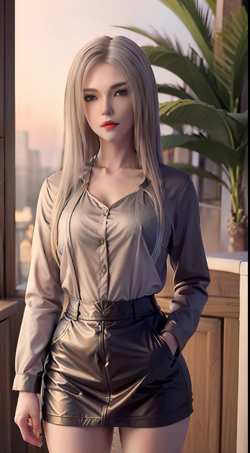 Ultra High Resolution, Realistic, Photo Realistic, Imagination, (Reality), Clear Sky, Composition, Sunset, (HDR:1.5), Outdoor, Intricate Detail, Collared Shirt, Skirt, Black Stockings, 8K, Standing, Looking at Viewer, Hands in Pockets, Red Lips,