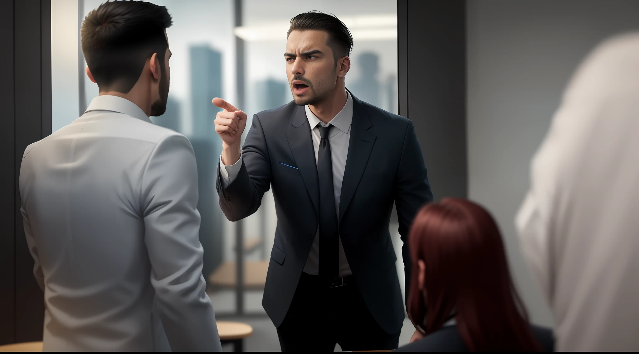 Man in suit talking to two other men in a meeting room, finger pointed, angry and pointing, adversity, motivational, authoritarian, on a dark background, aggressive posture, conflict, wearing a strict business suit, people at work, scolding