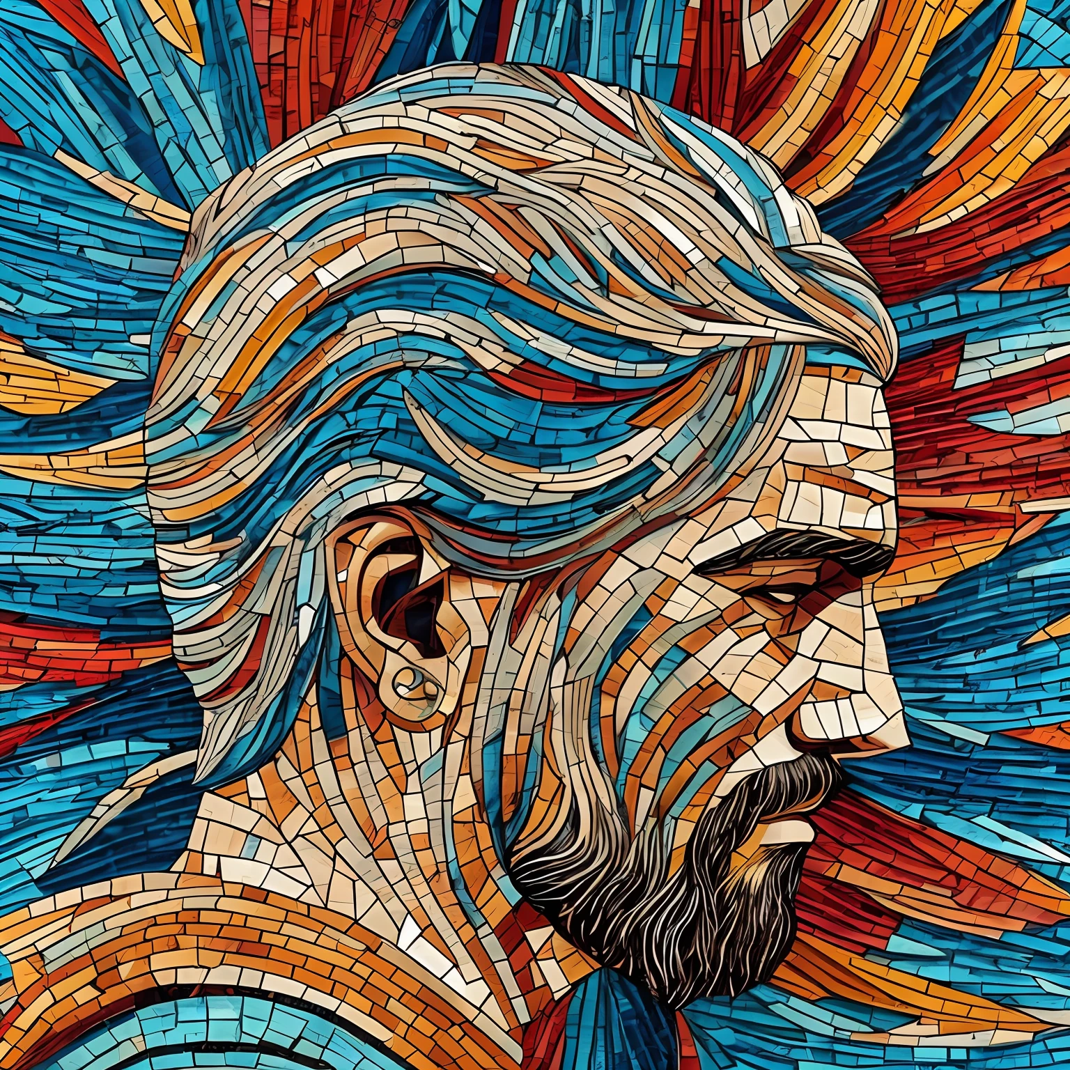 a boho abstract Style, paper mosaic style with continuous and wavy lines. , high quality , a man, women and children in profile, mosaic background. --auto