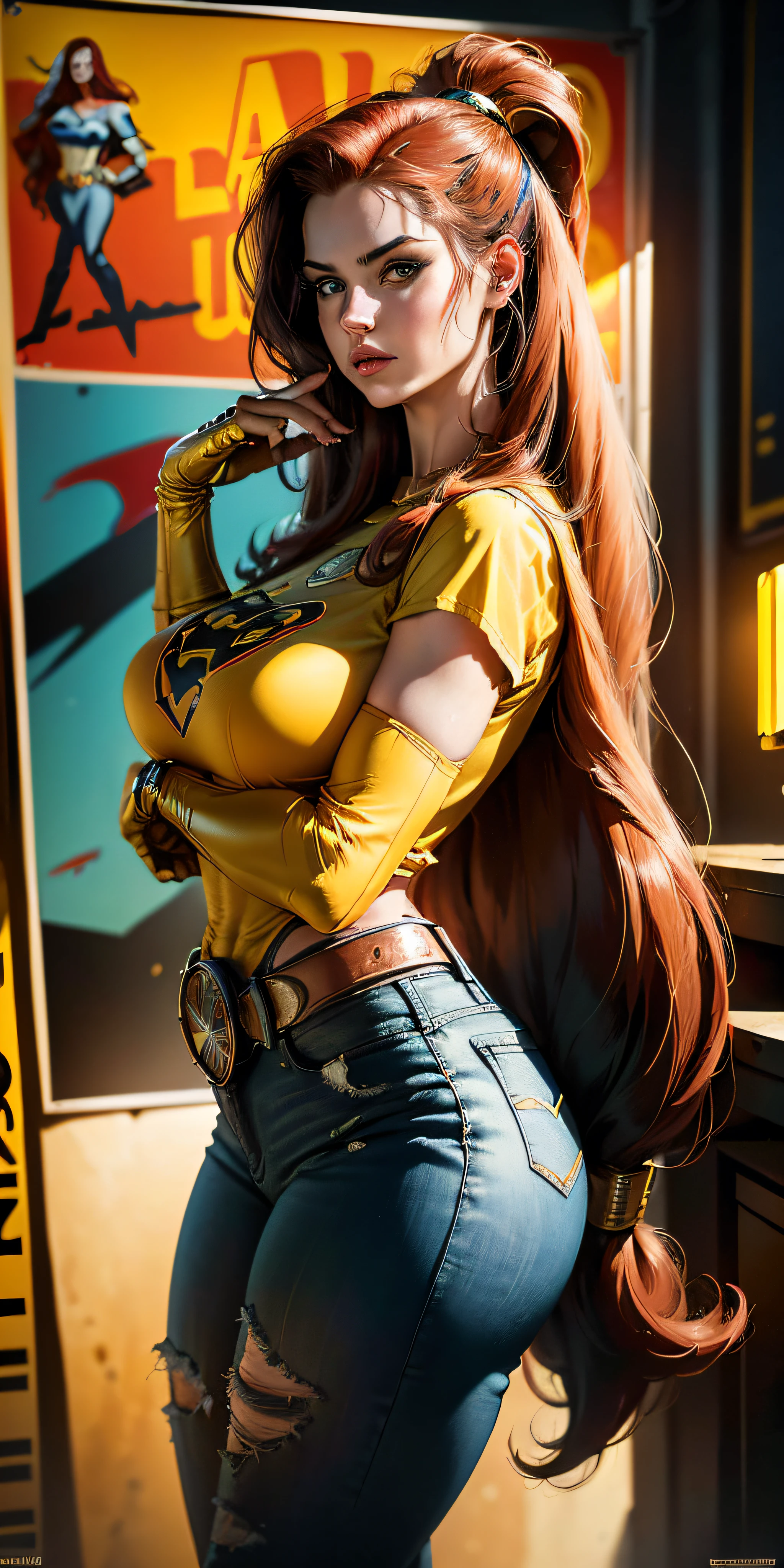 American World War II poster, Gil Elvgren style ((detailed skin)) (((A young woman with long size straight red hair up to the waist in superhero pose with yellow T-shirt and blue jeans))) ((detailed outfit entirely red with gold)) (cars in the background of the image) (((robotic left arm)) (((cyberpunk arm)))adobe lightroom, hero uniform, 1 girl,  Solo, good body, side light, poster art style. 1980s, 1950s, 1960s, 1940s, basic color scheme, very colorful poster, colorful art, third rule, inspiring, woman, 1 25-year-old girl, hair blowing in the wind, looking at the viewer, blurred background, curvy body, green eyes