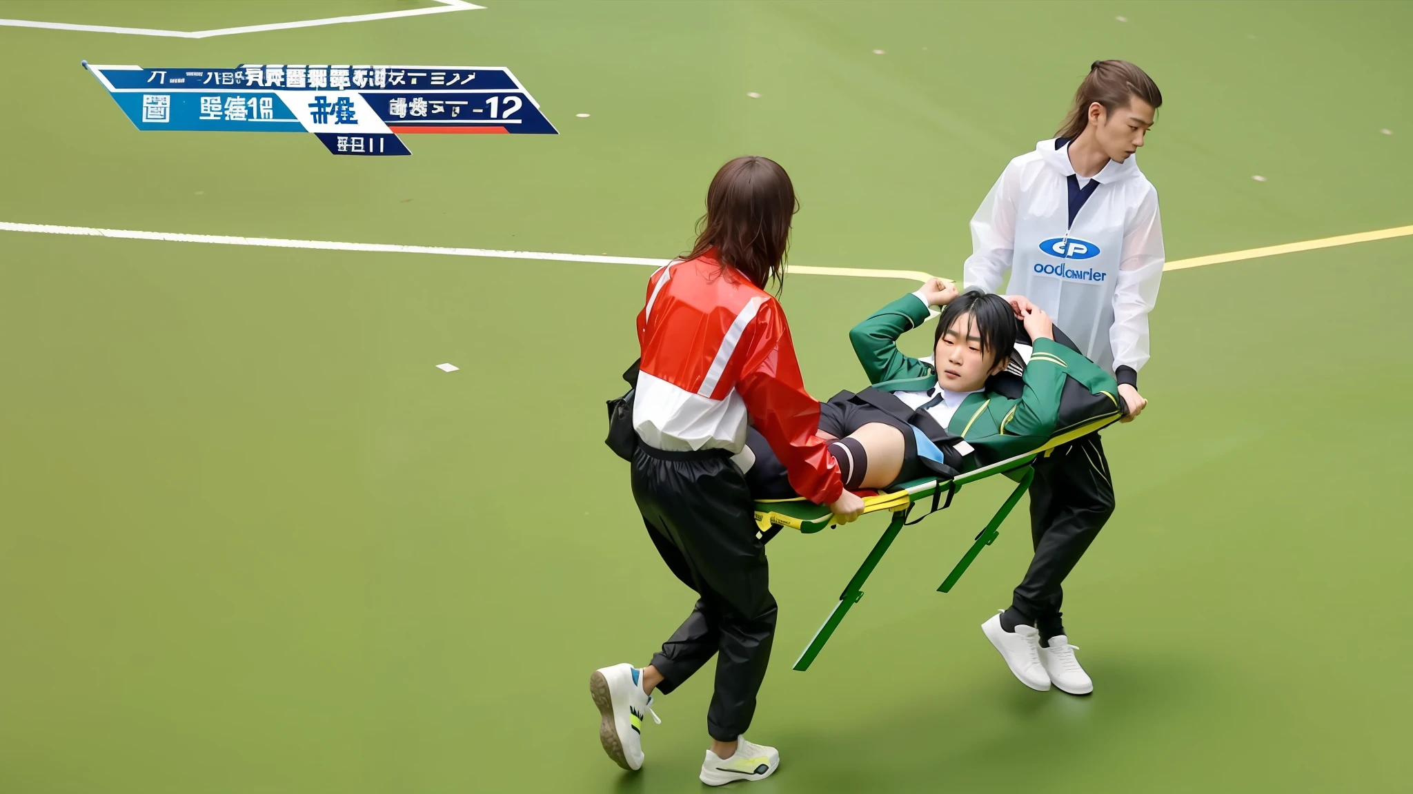there is a boy being carried on a stretcher by a two longhaired and madeup schoolgirls, two girls are carrying a stretcher, a shorthaired man is lying on a stretcher, a wounded man is evacuated on a stretcher, two girls in plastic-suits carry a bearded man on a stretcher, there are schoolgirls in very wet rainsuits, injured, mobile, 2263539546], unknown, b - roll, ouch, gif, special, trailer, highlight, fukaya yuichiro, exploitable image, shaky, tight shot, over-shoulder shot, looking partly to the left