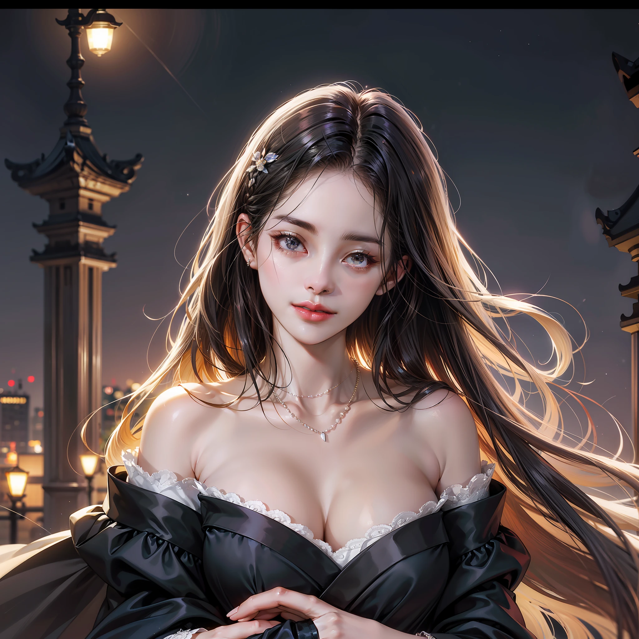 (absurd, high res, super detail), face up, face enhancement, face focused, dutch angle shot, beautiful, 22, 18, long straight hair, shiny beautiful hair, beautiful skin, luscious skin, beautiful eyes, with bangs, off shoulder, eye highlights, unbroken hands, rich lighting, large breasts, pale pink lips, soft lips, slightly open mouth, wide-eyed, uniform 8K wallpaper with high definition CG, attention to detail, portrait, gaze, solo, half shot, detailed face, slightly smiling, dynamic pose, (Contemporary Japanese Subject: 1. 1), contemporary style clothing, Black Dress, Black Gloves, Lace Dress, , Contemporary Subjects, (Thriving Civilization: 1.1), (Pure White: 1.1,) Hair Driven by Wind, Buildings, Roppongi, Ginza, Kabuki-cho, Neon Lights, Japanese Landscape, Fantastic, Romantic, Dance of Light, Glitter, Severity, Majesty, Night, Darkness, Stars, Moon in Background, Portrait, film lighting, necklace, date scene