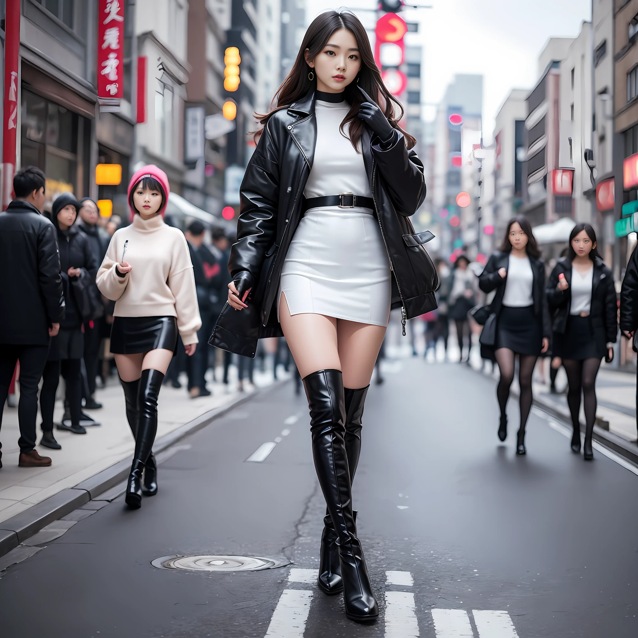 A woman in a white top and black boots standing on the street, Chinese female fashion model, white fluffy clothes, short skirt and long jacket, Japanese city street fashion, black pink Rosan Park, she wears streetwear, Japanese street fashion, Tokyo fashion, street dress woman in jacket and skirt, street fashion, Harajuku street fashion, beautiful woman walking in the wind, black gloves, over-the-knee red boots, tall, long legs, perfect body proportions, thin waist, black suspender stockings, tall, Slender body, nine-headed body, big eyes, beautiful and exquisite face, perfect body details, perfect body proportions, perfect visual proportions, fashion shooting, glamorous, feminine, delicate, highlighting female curves, subtext: sexy, confident. Chinese woman --auto --s2