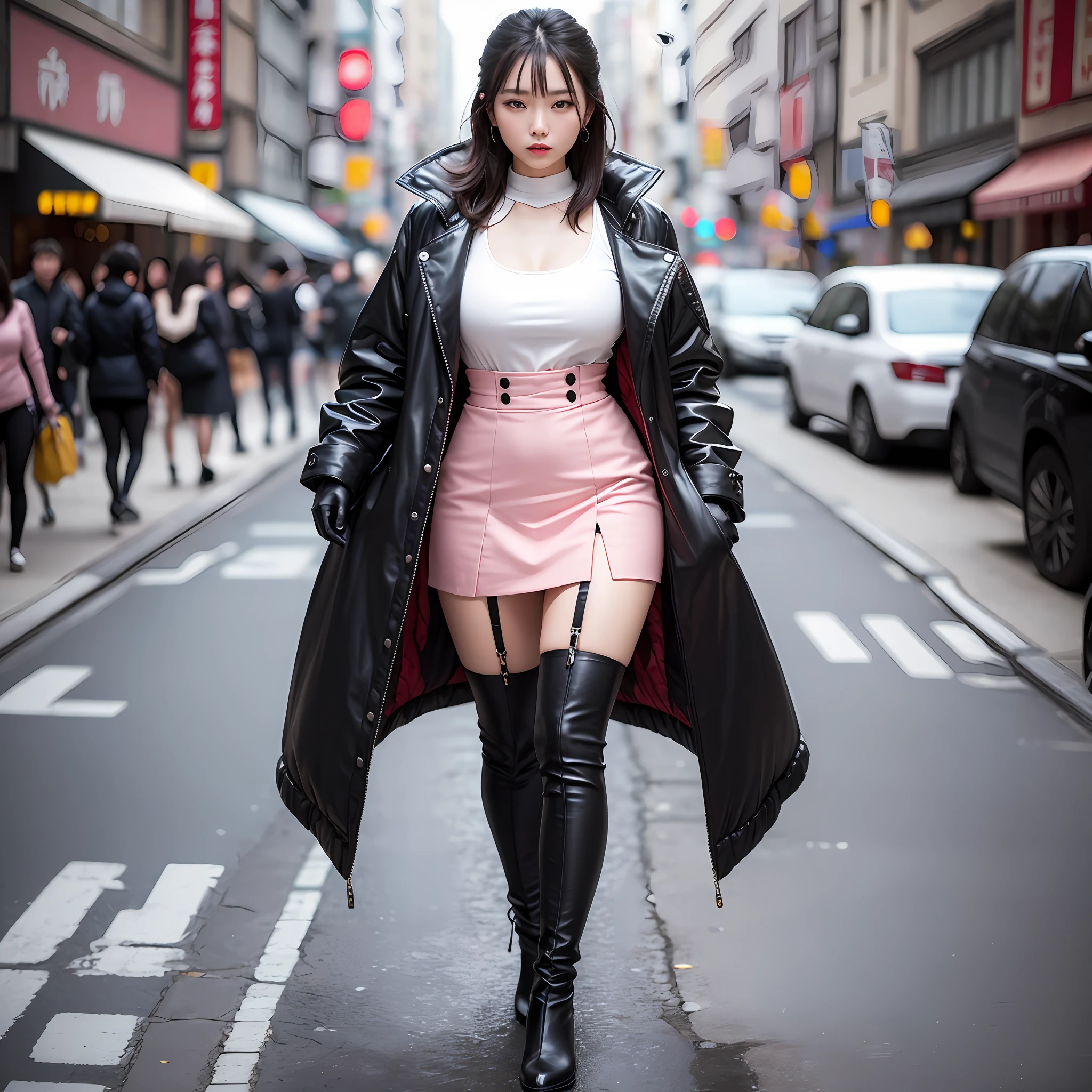 A woman in a white top and black boots standing on the street, Chinese female fashion model, white fluffy clothes, short skirt and long jacket, Japanese city street fashion, black pink Rosan Park, she wears streetwear, Japanese street fashion, Tokyo fashion, street dress woman in jacket and skirt, street fashion, Harajuku street fashion, beautiful woman walking in the wind, black gloves, over-the-knee red boots, tall, long legs, perfect body proportions, thin waist, black suspender stockings, tall, Slender body, nine-headed body, big eyes, beautiful and exquisite face, perfect body details, perfect body proportions, perfect visual proportions, fashion shooting, glamorous, feminine, delicate, highlighting female curves, subtext: sexy, confident. Chinese woman --auto --s2