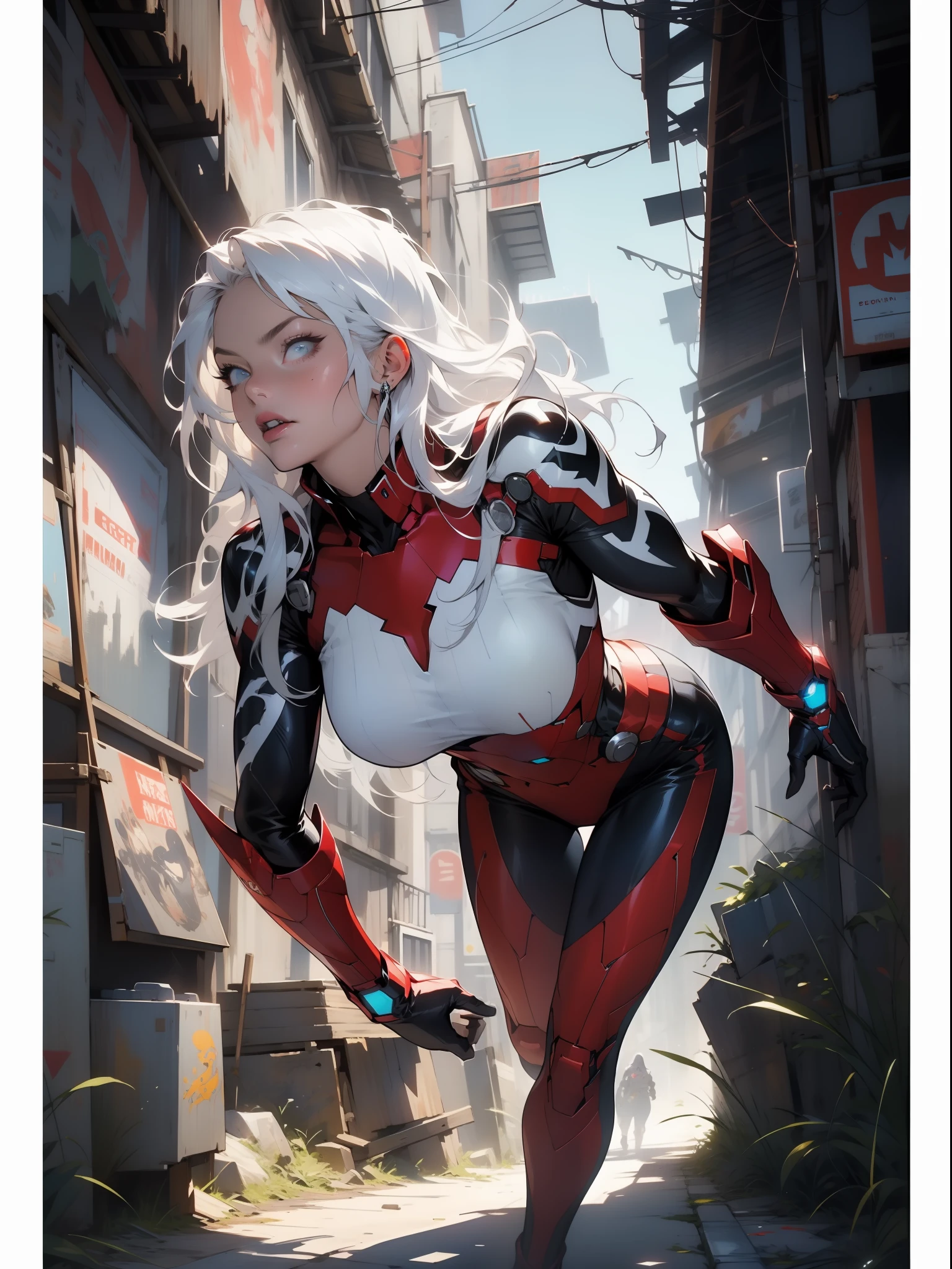 Margot Robbie (Masterpiece, 4k resolution, ultra-realistic, very detailed), (White superhero theme, charismatic, there's a girl on top of town, wearing Venom costume, she's a superhero), [ ((35 years), (long white hair:1.2), full body, (blue eyes:1.2), ((Venom pose),show of strength, jumping from one building to another), ((sandy urban environment):0.8)| (cityscape, at night, dynamic lights), (full moon))] # Explanation: The Prompt mainly describes a 4K painting of ultra-high definition, very realistic, very detailed. It shows a superheroine at the top of the city, wearing a Venom costume. The theme in the painting is a white superhero theme, the female protagonist has long white hair, is 35 years old and her whole body is shown in the paintingRAW, masterpiece, ultra thin photo, best quality, ultra high resolution, photorealistic, sunlight, full body portrait, incredibly beautiful, dynamic poses, delicate face, vibrant eyes, (side view), she is using a futuristic mechanism of Iron Man,  Red and gold color scheme, highly detailed abandoned warehouse background, detailed face, detailed and complex busy background, messy, gorgeous, milky white, highly detailed skin, realistic skin details, visible pores, sharp focus, volumetric mist, 8k uhd, DSLR camera, high quality, film grain, light skin, photorealism, lomography, expanding metropolis in futuristic dystopia, view from below,  translucent