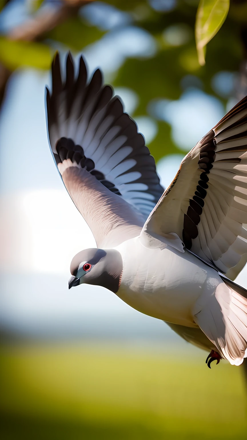 Pigeon flying with wings spread, symbolizing peace, in 3D, realistic, bright eyes, all white, cute, light leaks, shallow depth of field, close portrait