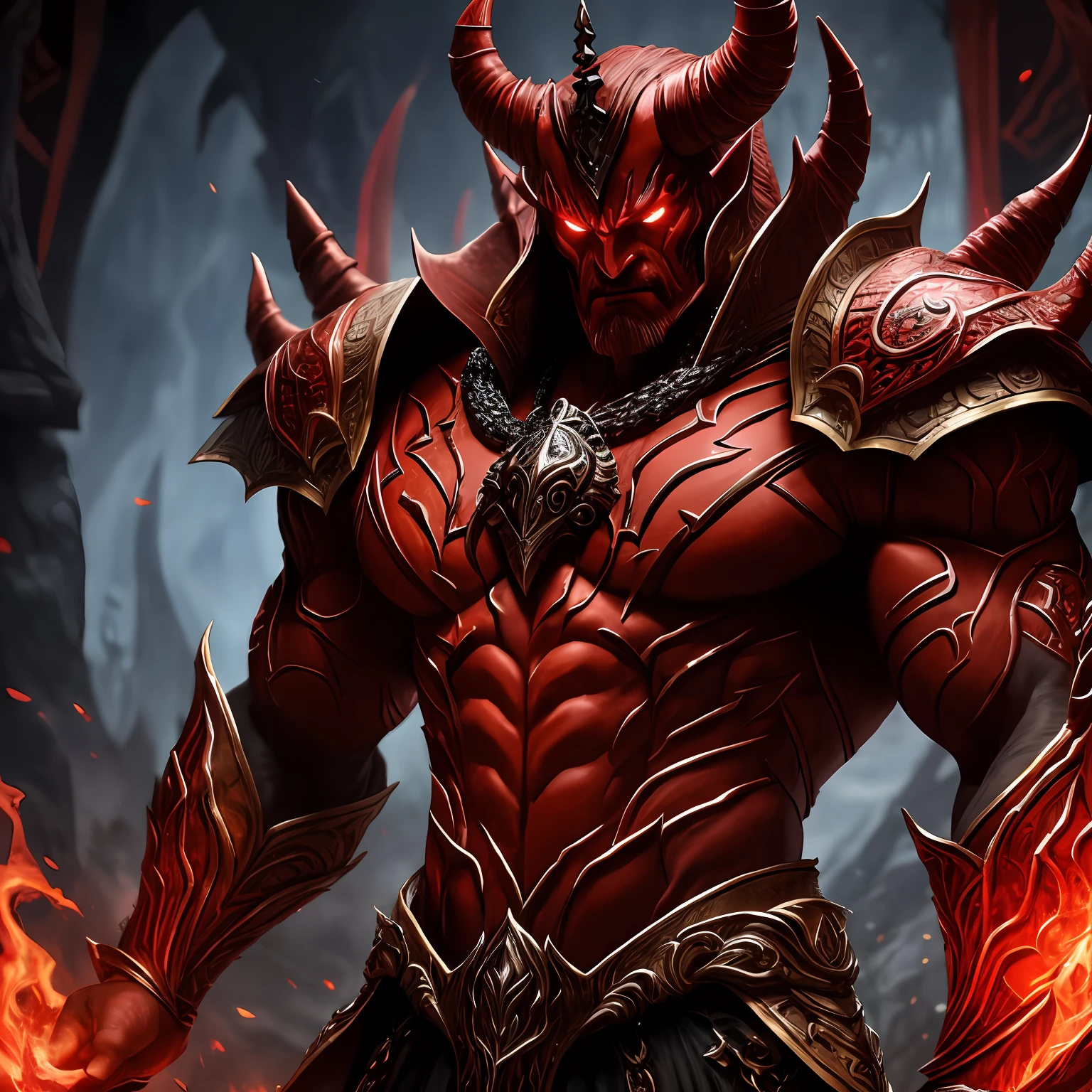a closeup of a man with a red demon costume in, muscular humanoid balrog demon, male demon djinn man, male demon man, symmetrical epic fantasy art, male vampire of banu haqim clan, demon lord, epic menace portrait, red demon armor, demon male, demonic armor, male djinn demon hybrid with exo skeleton covering the entire body, detailed, best quality, wearing a crown and super advanced alien clothes --auto