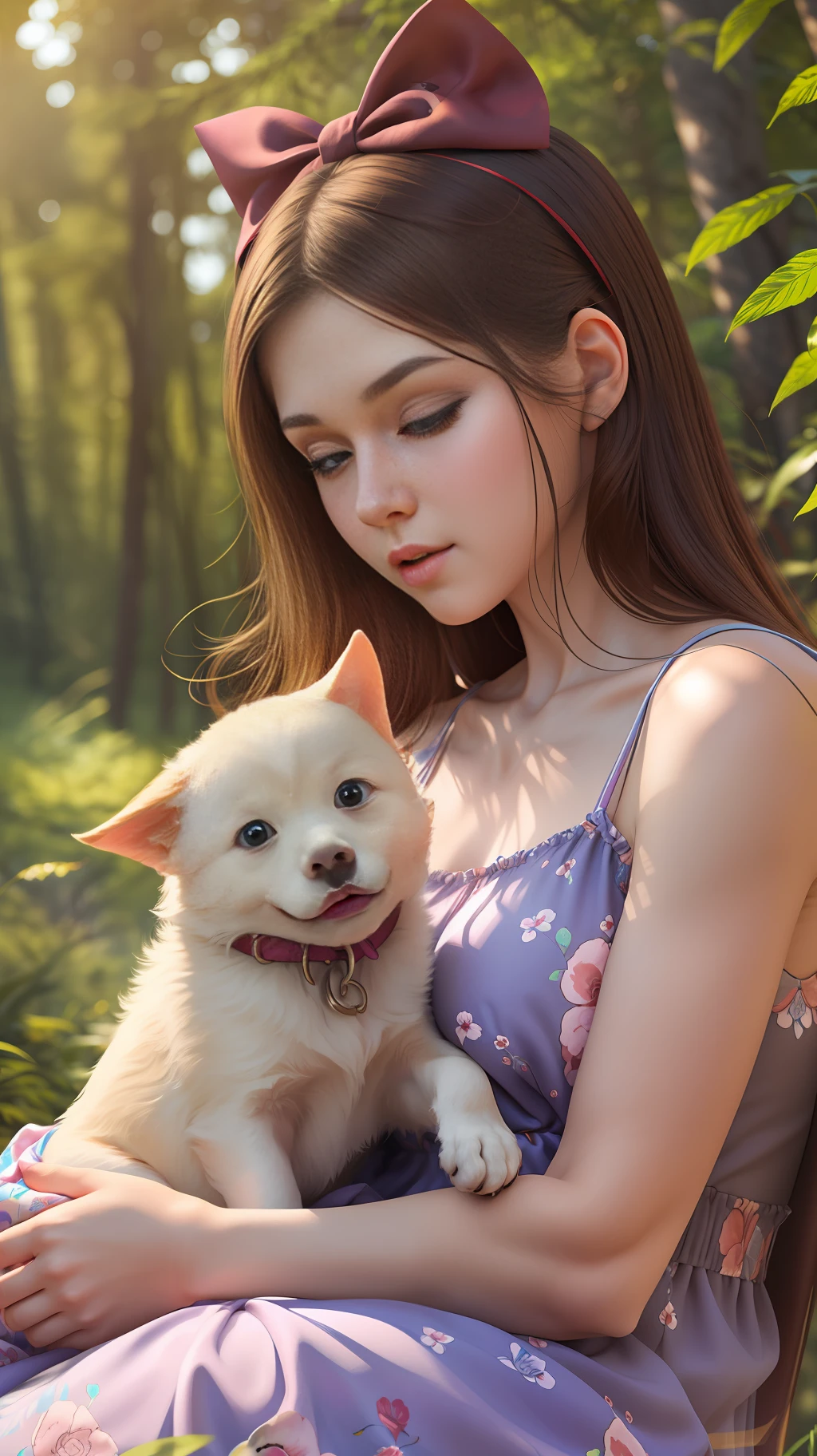 15 year old girl in flowery dress with bows on head,holding a puppy in lap,side angle,forest background,vibrant colors16k ultra realistic detailed