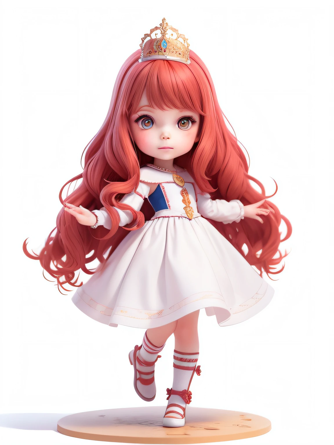 6 girl, long wavy hair, red hair, princess, white background, for children's book cover illustration, child, children's
