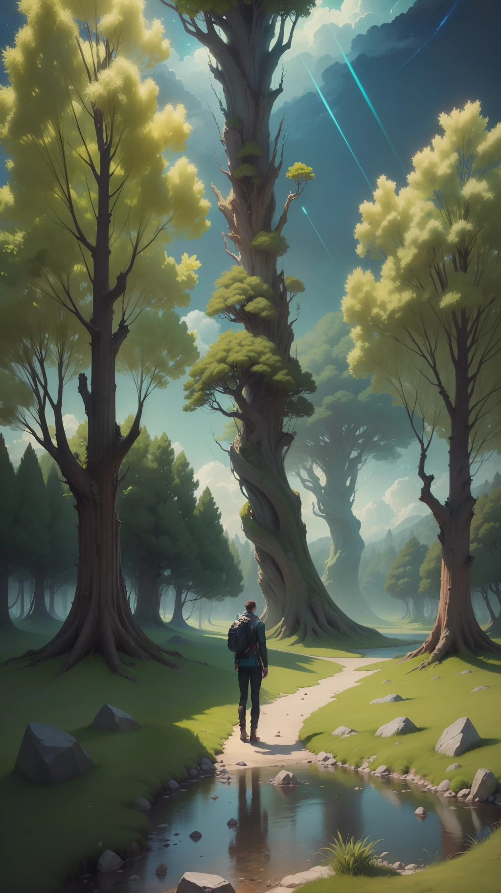 Illustration of a surreal, otherworldly, hyper sky scene including a giant crystal tree full body, highly detailed and magical lighting, intricate forest details, vegetation and surrounding river, solar punk, landscape, giant tree , beautiful green leaves, beautiful lighting and realistic proportions, as if this is a movie background, 8k, highest quality, masterpiece, clouds and stars in the sky.
