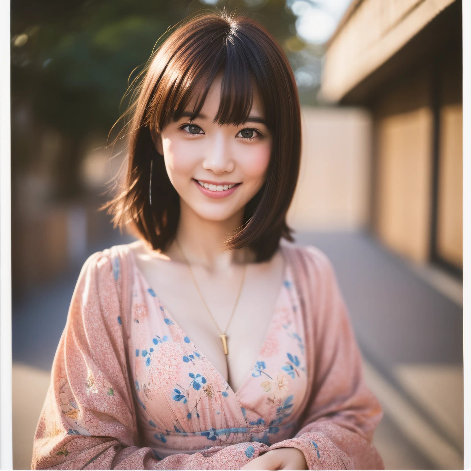 Beautiful young Japanese woman, pale pink dress, smiling, vivacious, classic, Japanese print, front facing, close up shot, Polaroid, Octane rendering, 100mm, RPG maker, bohemian color, Gurokawa, golden hour sunlight, hyper real, dramatic shadow, film noir style