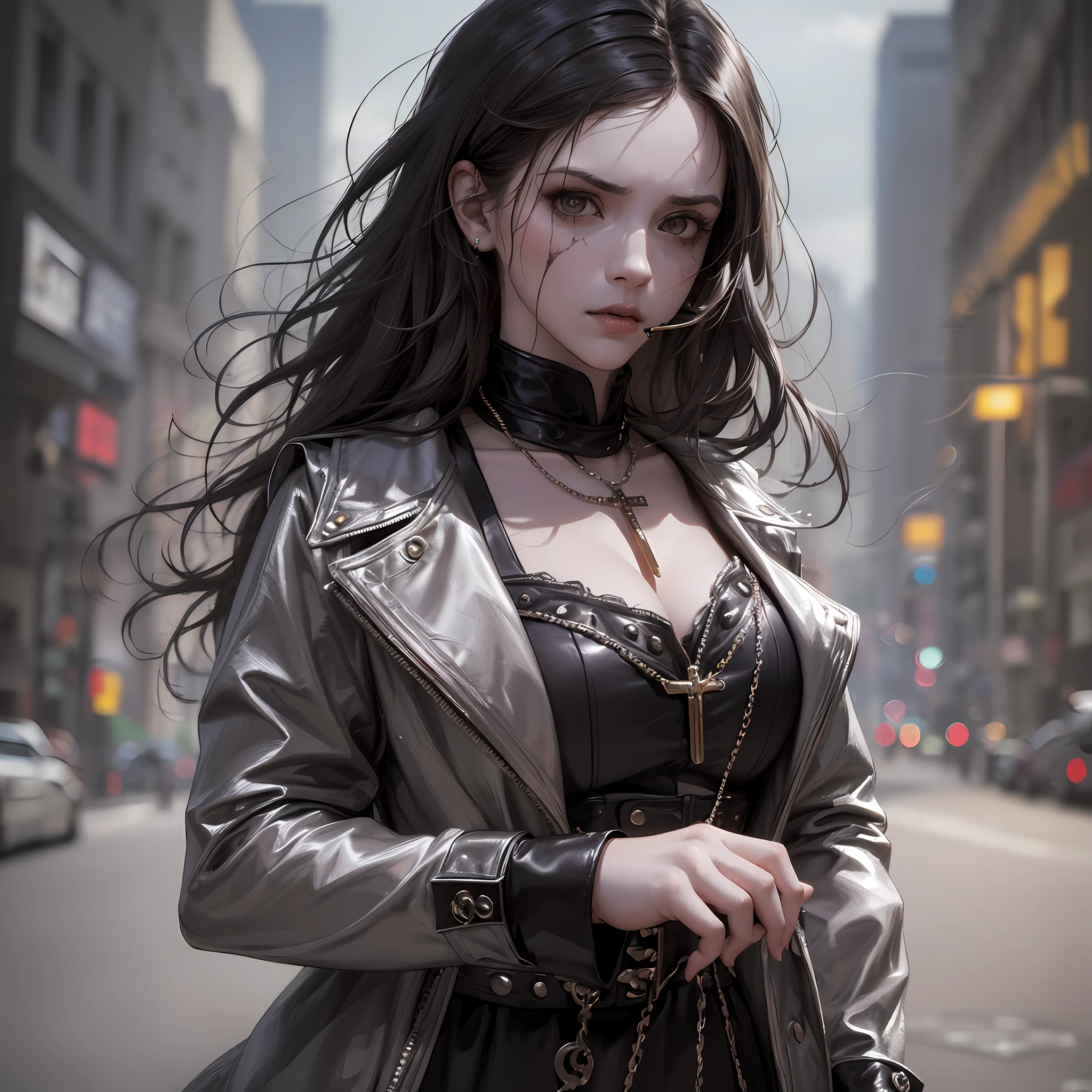 ((((dramatic))), (((gritty))), (((intense))) HD, uhd, 8k, realistic, high quality high definition, high detail, photography, award winning, a young girl as the central character. She stands confidently in the center, wearing edgy priest/cleric outfit with a crucifix, with a tired on her face, with dark circles in her eyes, a cigarette in her mouth. The background is dark and gritty, with a sense of danger and intensity. The color palette is mainly dark with splashes of vibrant colors, giving the scene a dynamic and visually striking appearance, full body 
  fashionable, woman, vibrant, outfit, posing, front, colorful, dynamic, background, elements, tired expression, holding, statement, accessory, majestic, coiled, around, touch, scene, attention-grabbing, title, stylish, catchy, larger, striking, modern, trendy, focus, fashion, --auto