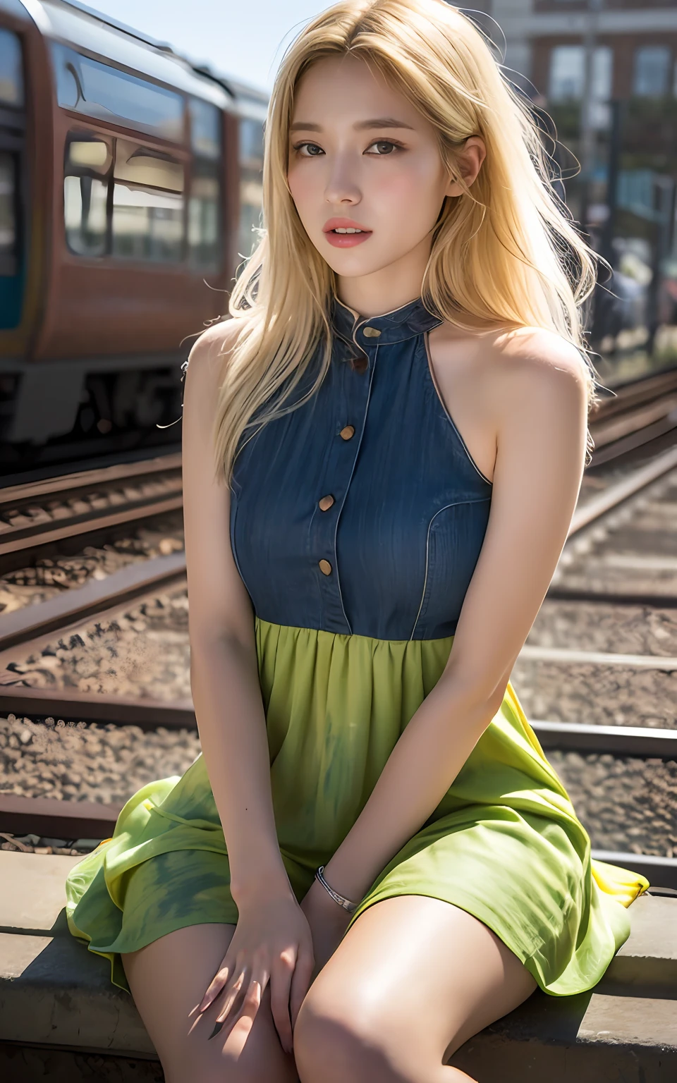 Highly detailed CG Unity 8k wallpaper, top quality, super detailed, masterpiece, realistic, photorealistic, highly detailed cute girl, 25 years old, (((blonde hair: 1.4)), ((dyed blonde)), (gal), round eyes, viewer, blush, parted lips, semi-body shot,
sleeveless dress, train, crowded, sitting