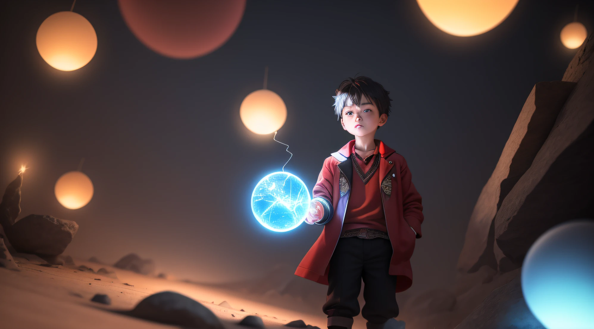 cartoon of a boy holding a glowing sphere, he is casting a lighting spell, inspired by Un'ichi Hiratsuka, [ 3 d digital art ]! Emerging a light of power from the hand