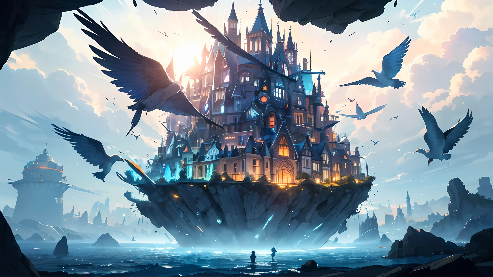 High resolution, (material), (4K), Best quality: 1.2, Cinematic lighting: 0.9, Amazing shadows, Caravaggio style shadows, ((Amazing viewing angle: 1.2)),
break
Depicting a magical floating city in the deep sea, surrounded by the sun and clouds, blue sky and white clouds, (vivid, colorful islets floating around), complex glass architecture: 1.2, warm atmosphere, rainbow-colored light, (greenery and colorful trees growing around)), ((amazing light, kaleidoscope)), fantasy art, official GME art, concept art: 1.2
break
Depicts a beautiful glass city with birds flying in the blue sky. Create a flag with a logo representing the city. Give this image a sense of travel and inspiration.