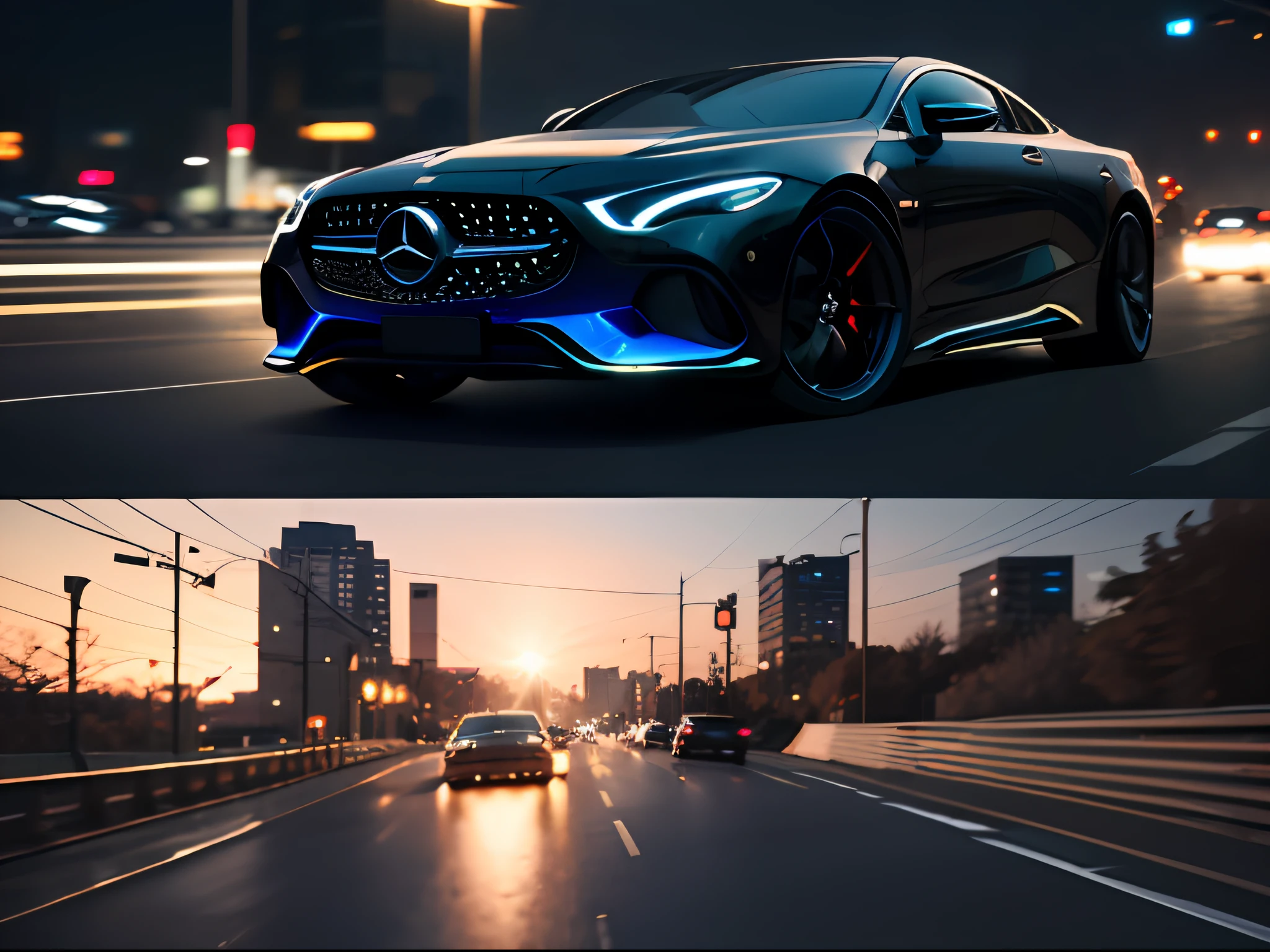 [Illustration] comic page, multiple screens on one page: A Mercedes driving in the city at night, showing the side of the car, GoPro, f/2.8, horizontal motion blur [Multi-angle continuous shooting]:: Futuristic, immersive, elegant, luxurious, refined, octane rendering, long lens, hyper-realistic 50-c100--v 5.1, cobalt blue, long exposure, diffuse backlight, motion picture film P30 --s100--c100--v5.1