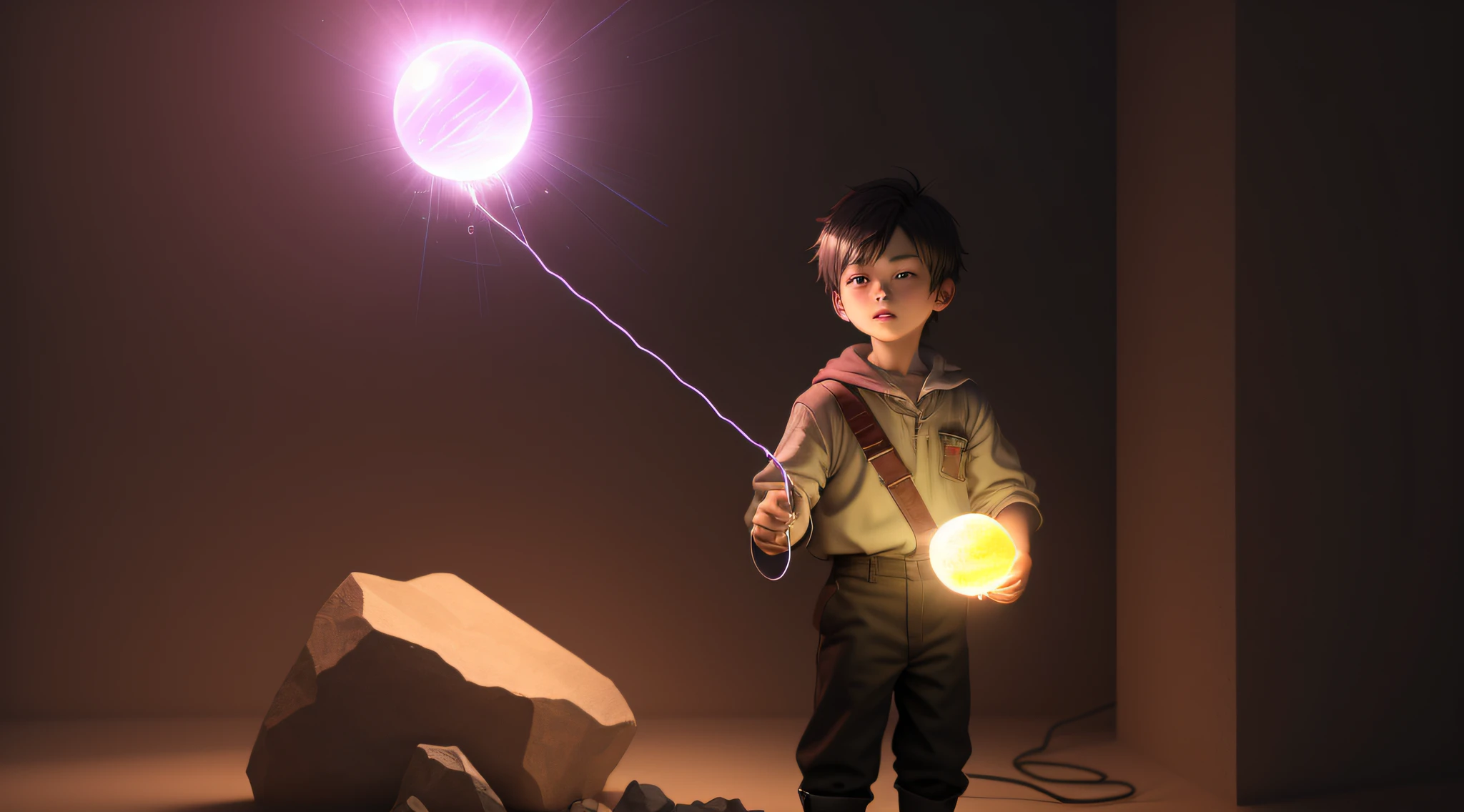 cartoon of a boy holding a glowing sphere, he is casting a lighting spell, inspired by Un'ichi Hiratsuka, [ 3 d digital art ]! Emerging a light of power from the hand