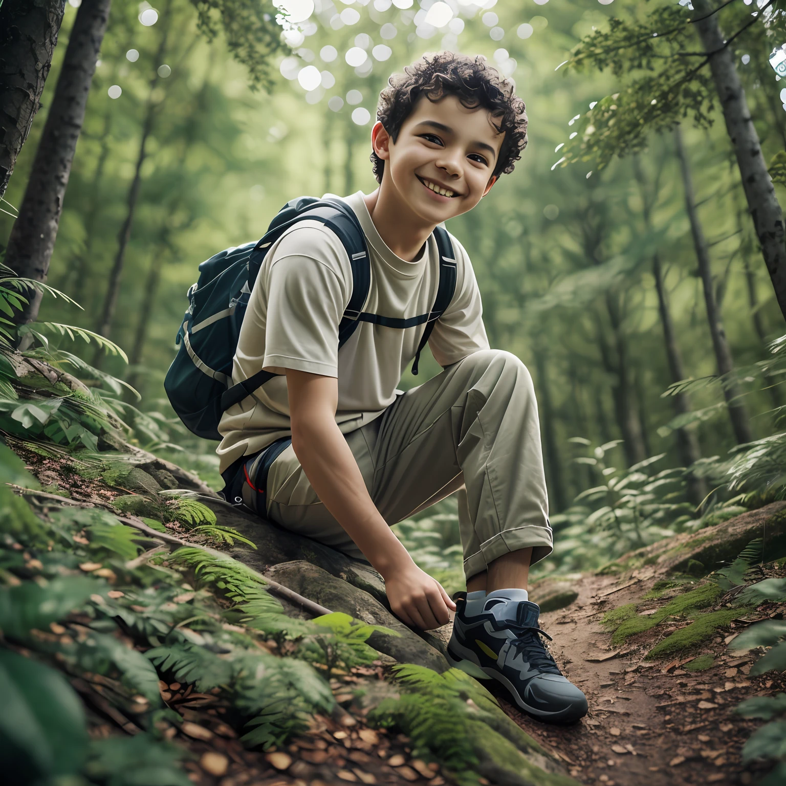 happy boy, brunette, short curly hair, dark eyes, looks 12 years old, in a forest, high detail, climbing a mountain, Minimalism, Realism, Luminism, UHD, high quality, super detail, high detail, 1080P, HD, 4K, 8k, 16k, premium --auto