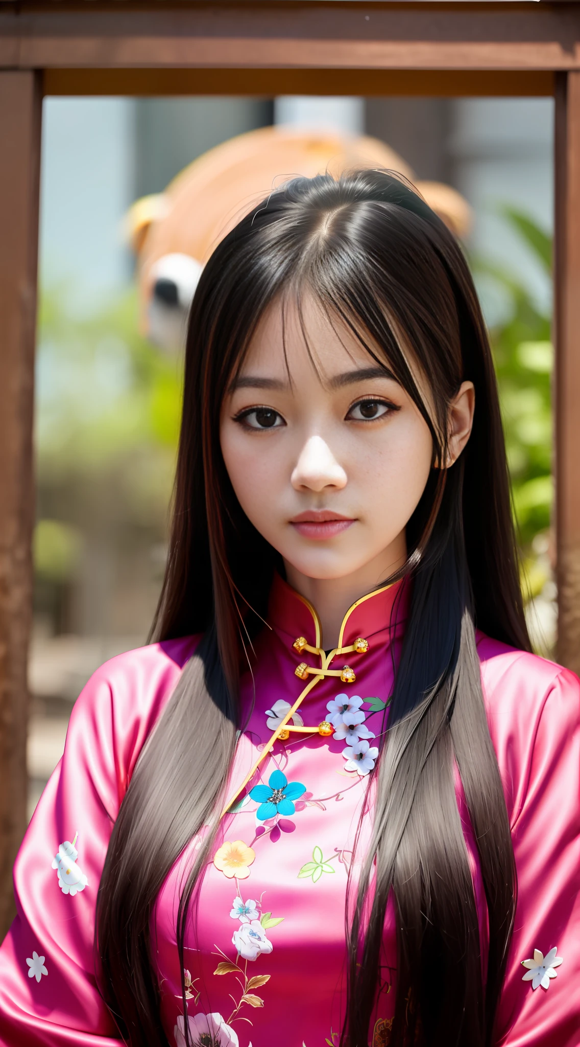 1girl, looking viewer, long hair, black hair, beautiful face, black eyes, ((aodai)), (big bearst), outdoor, realistic
