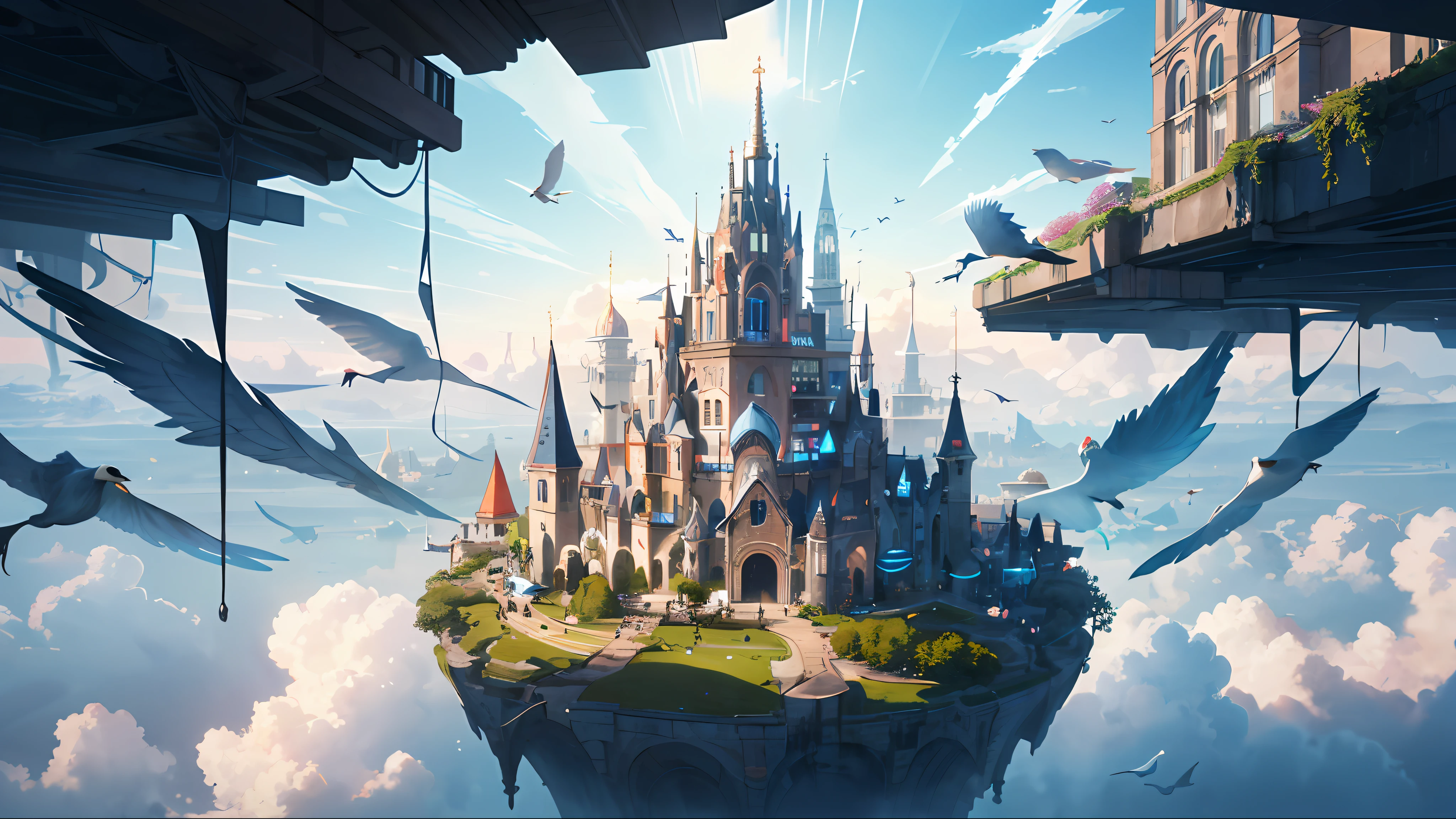 High resolution, (material), (4K), Best quality: 1.2, Cinematic lighting: 0.9, Amazing shadows, Caravaggio style shadows, ((Amazing viewing angle: 1.2)),
break
Depicting a magical floating city in the deep sea, surrounded by the sun and clouds, blue sky and white clouds, (vivid, colorful islets floating around), complex glass architecture: 1.2, warm atmosphere, rainbow-colored light, (greenery and colorful trees growing around)), ((amazing light, kaleidoscope)), fantasy art, official GME art, concept art: 1.2
break
Depicts a beautiful glass city with birds flying in the blue sky. Create a flag with a logo representing the city. Give this image a sense of travel and inspiration.