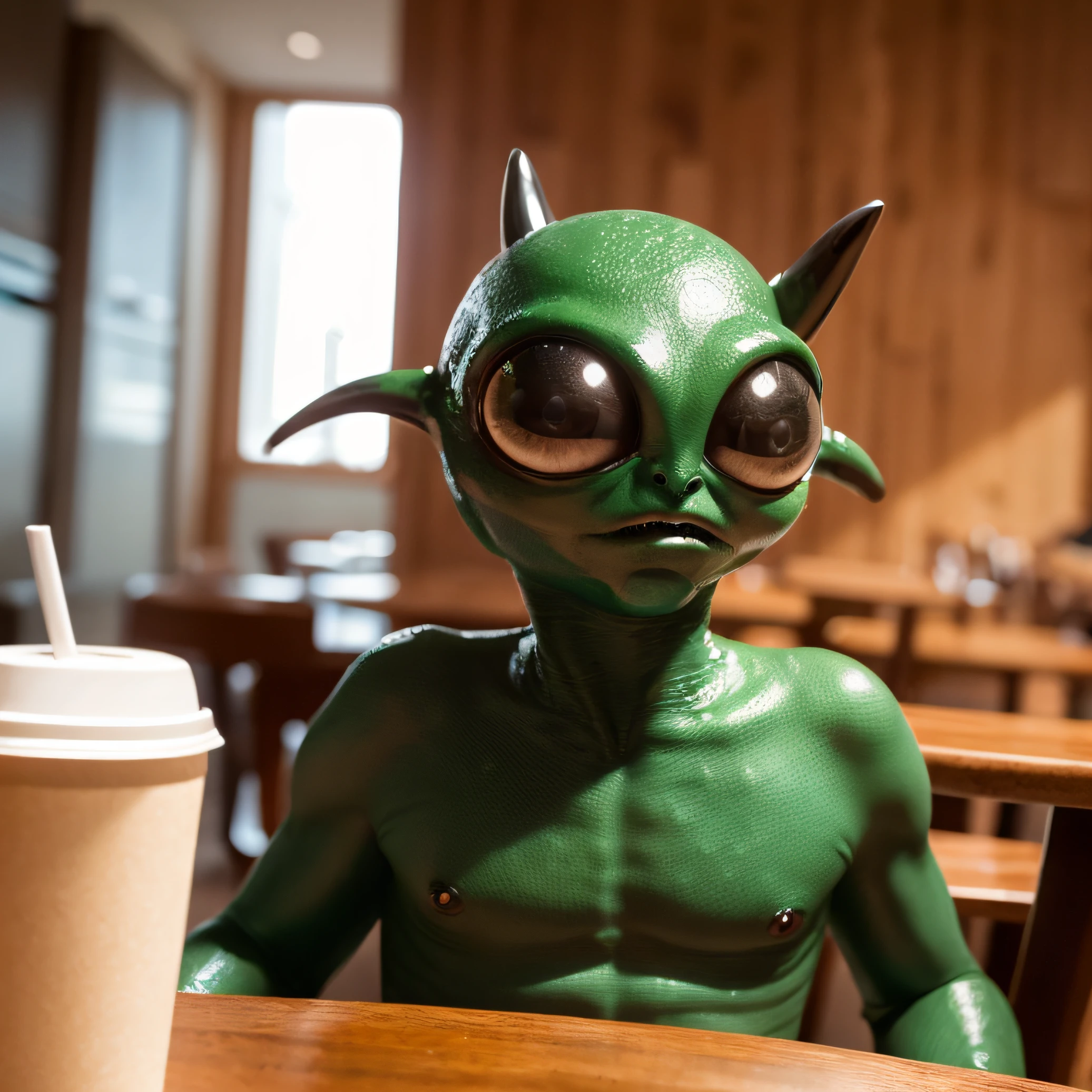 photo of classic green alien, big black eyes, RAW, ultra detailed, 8k, sitting at the table, drinking coffee --auto