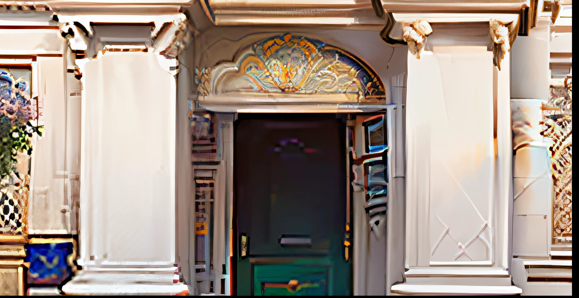 a closeup of a building with a door and a window, palace background, palace art deco background, /r/pixelart, detailed pixel art, entrance, door, detailed pixel artwork, random background scene, #pixelart:3, beautiful detailed pixel art, made in rpg creator, secret entrance, pixel art style, arched door, high quality pixel art, Showcase enlarges this image to 1920 by 1080 and puts more realisco --auto
