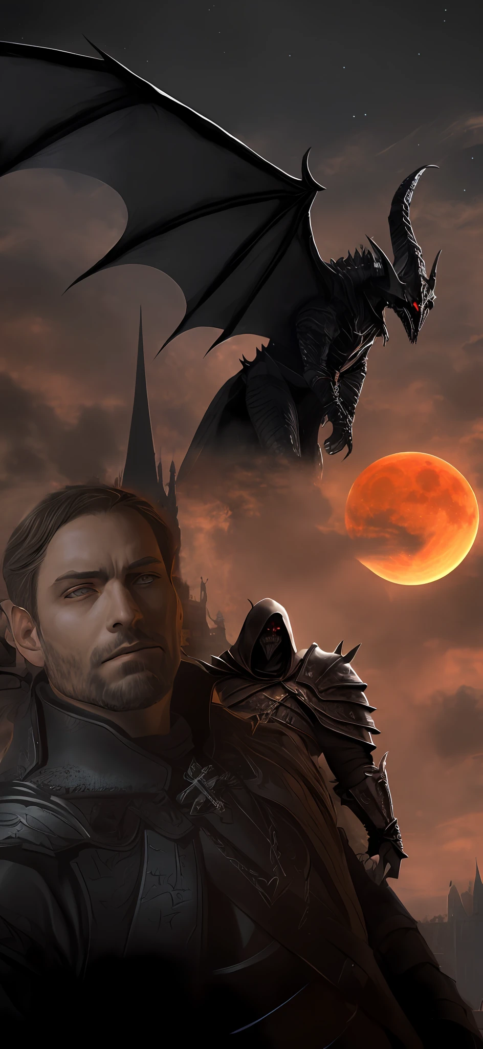 Mordor, vilains, dark gothic castle, gothic nazgul, evil, sauron, gothic sauron, dragons, blue dark sky, blood moon