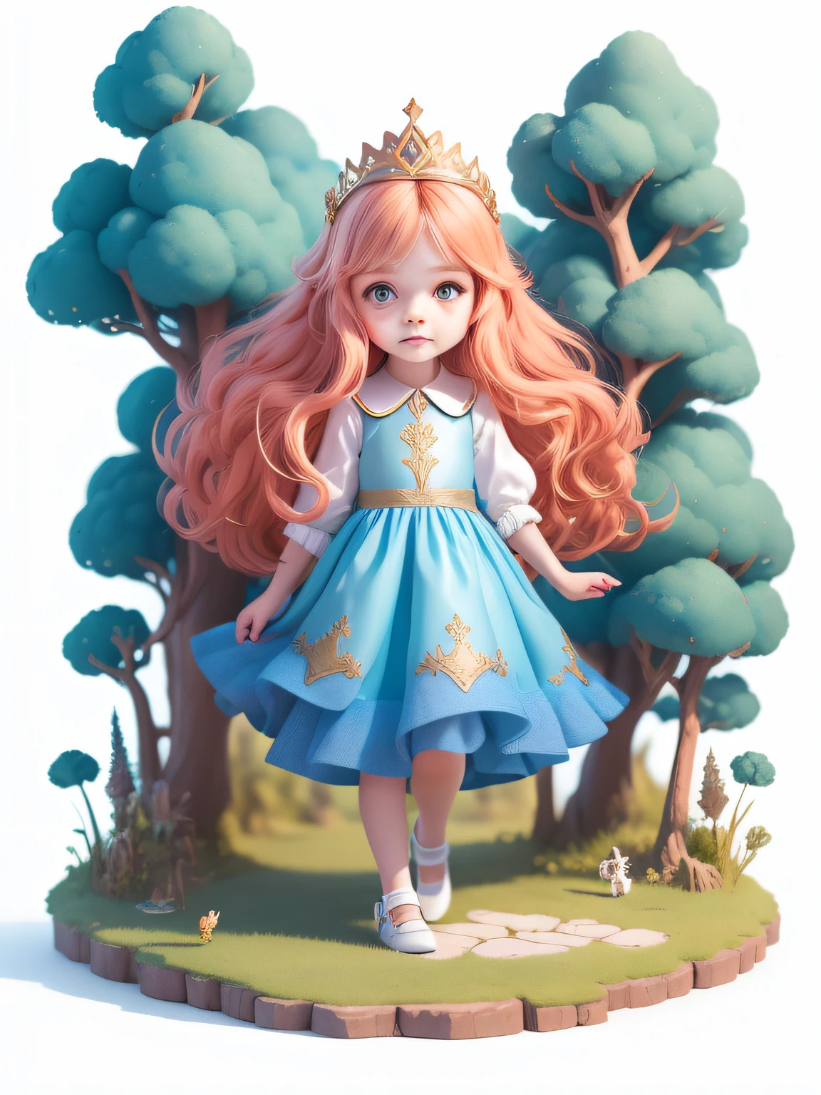 /imagine 6 girl, Little ps, various poses and expressions on white background, children's book illustration style, simple, cute, 6 years old, chis, forest, red wavy hair, plain color, white princess dress and gold, no book, no glasses, no backpack, encountering a friendly dragon with glowing blue scales