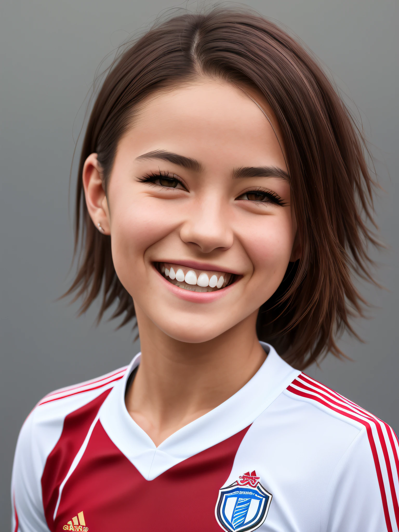 (grey background:1.5, close shot:1), (photorealistic:1.4), (best quality:1.0), (ultra highres:1.0), 8k, RAW photo, (masterpiece:0.2), 1girl, beautiful skin, detailed skin, big smile, teeth, (short hair:1), (soccer uniform:1.2)