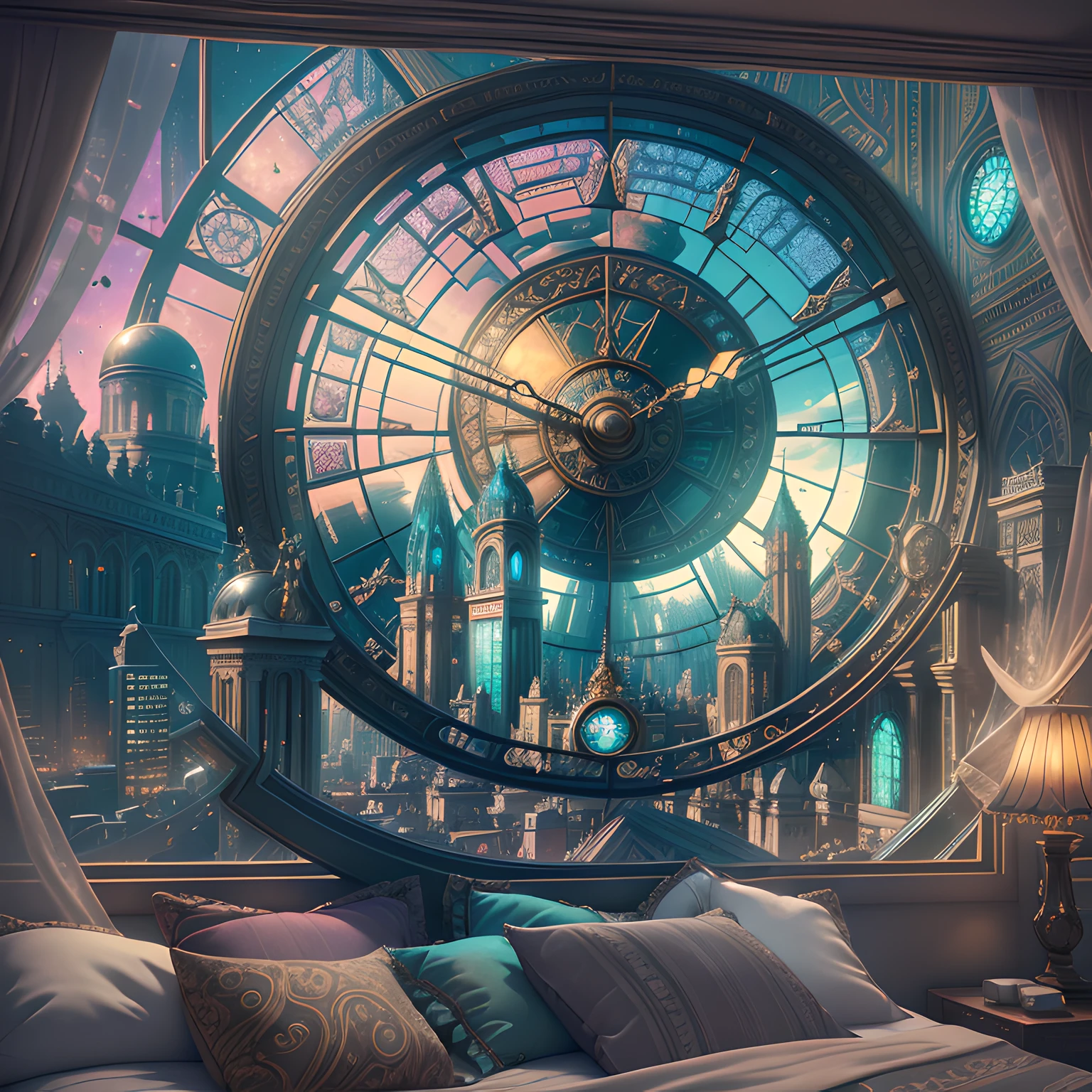 (((Generate an ornate bedroom in the style of Versailles with a big historical window.))) A hyperrealistic cyberpunk dreamscape cityscape is in the window. The cityscape is extremely detailed with many lights and LED neon colors and buildings of many different sizes. The cityscape has all colors of the rainbow and has hires interesting flying steampunk dirigibles. A giant steampunk standalone clock is seen ((through the window)). (((It is peaceful in the bedroom.))) The entire artwork is very realistic with many small details and enhancements. 3D render beeple, artstation and beeple highly, in fantasy sci-fi city, inspired by beeple, 8k, unreal engine unity CGI. Masterpiece and popular. Add many fantastical and beautiful details and nuances.